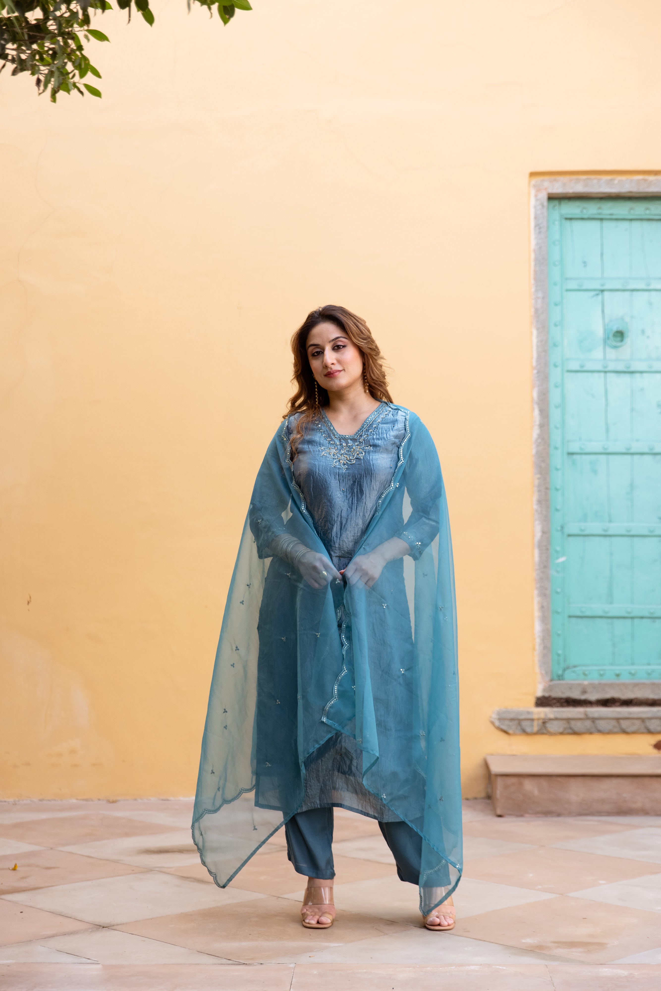Teal Paper Silk Kurta Pant and Dupatta Set