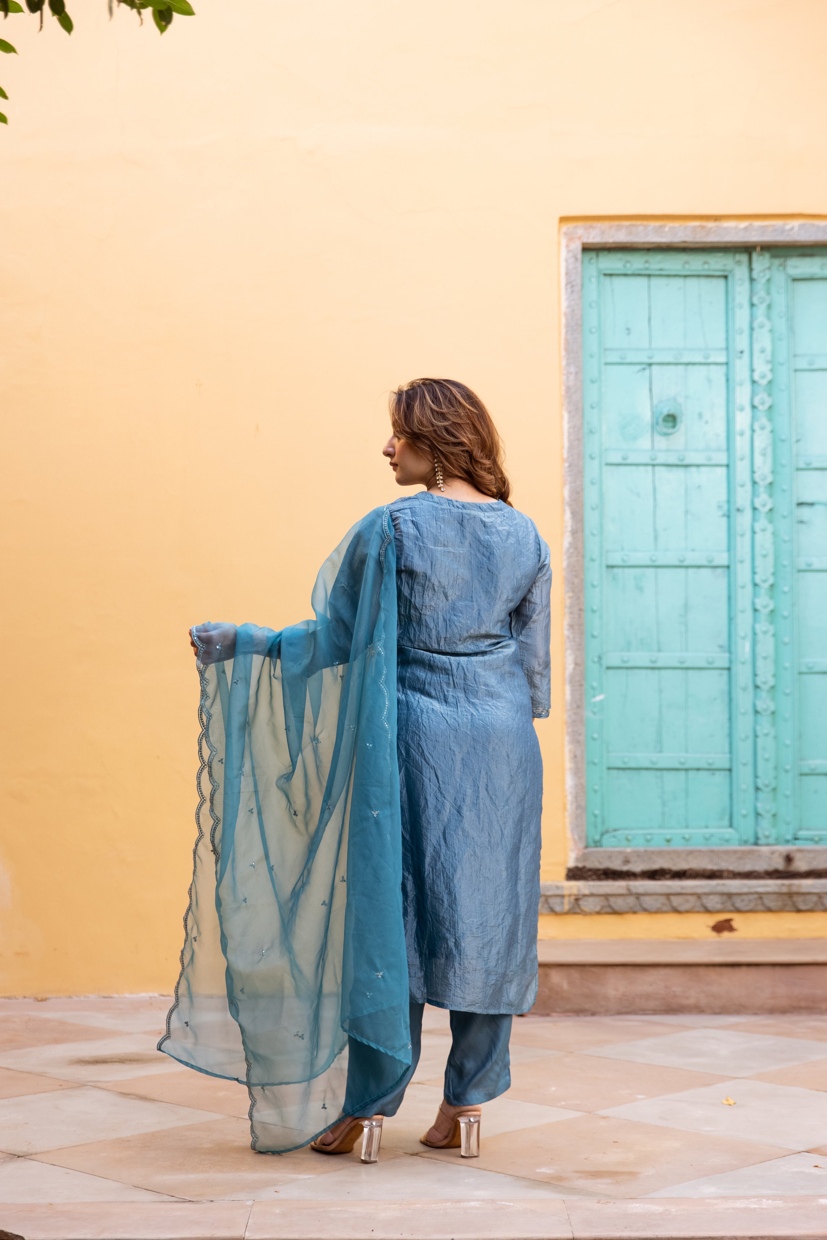 Teal Paper Silk Kurta Pant and Dupatta Set
