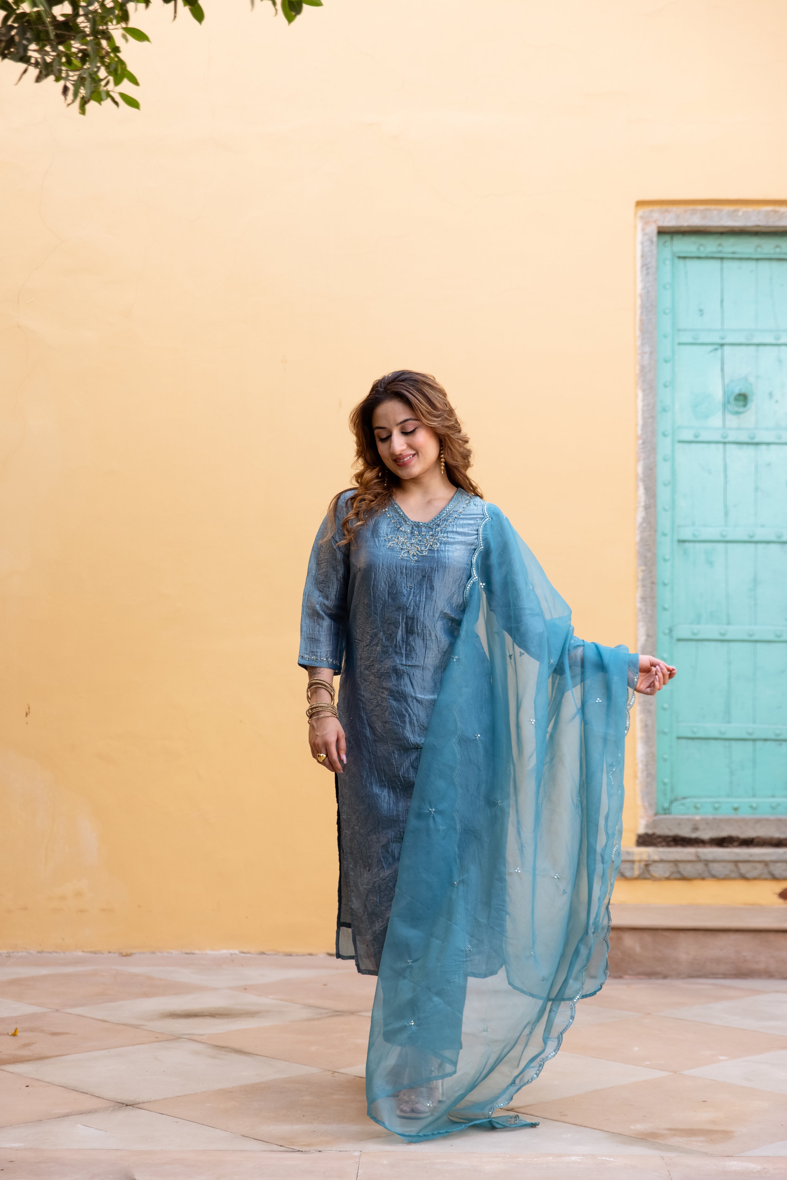 Teal Paper Silk Kurta Pant and Dupatta Set
