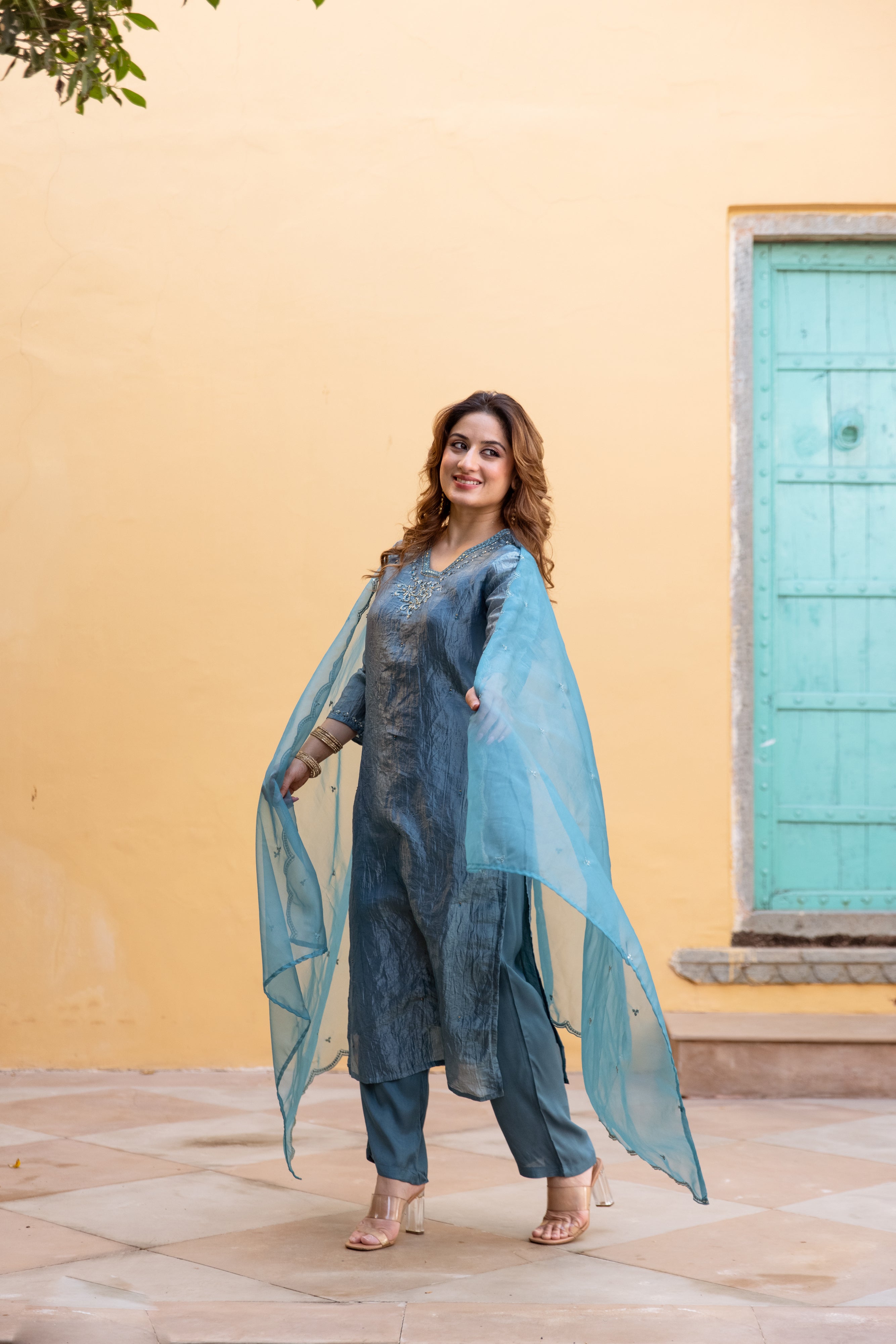 Teal Paper Silk Kurta Pant and Dupatta Set