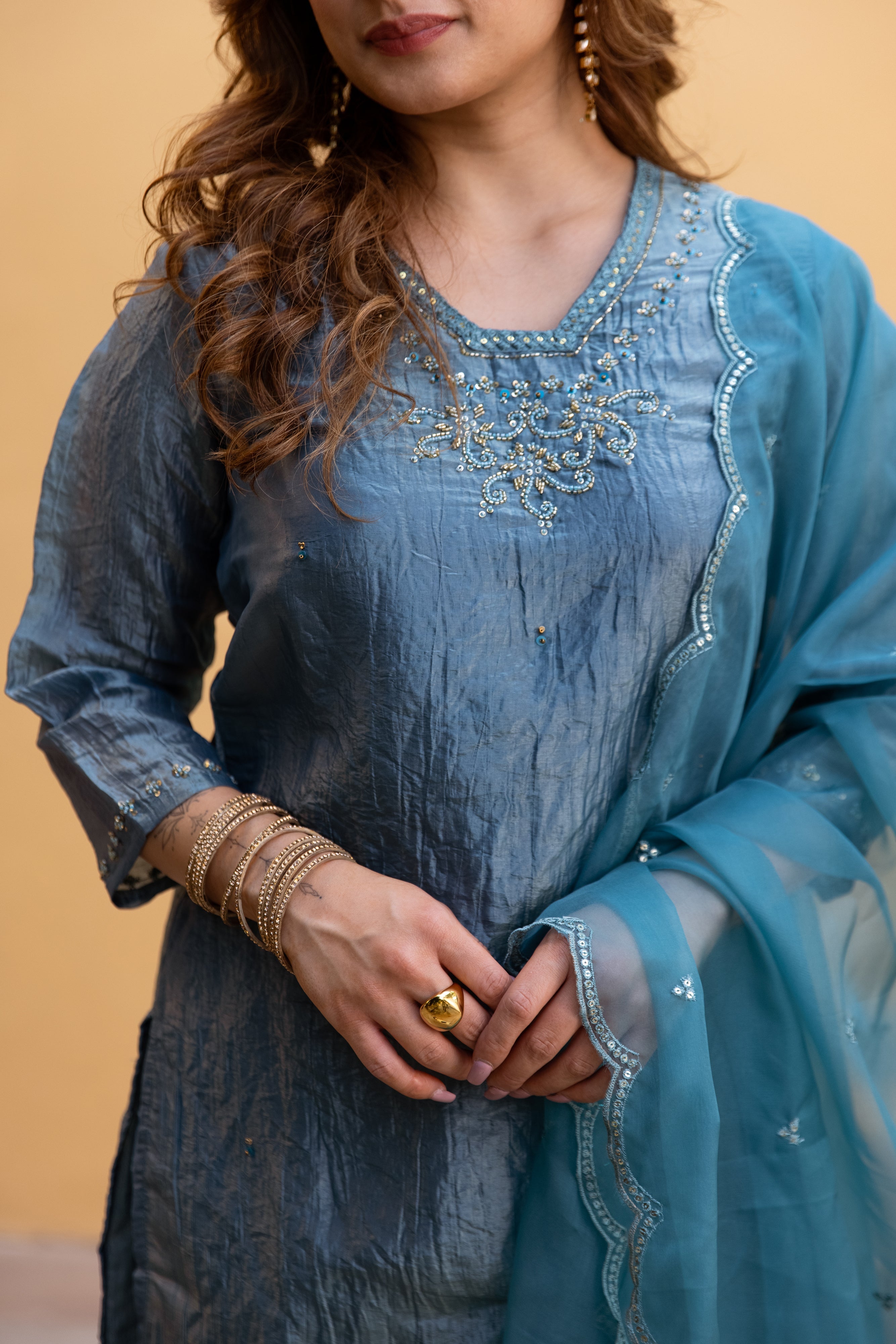 Teal Paper Silk Kurta Pant and Dupatta Set