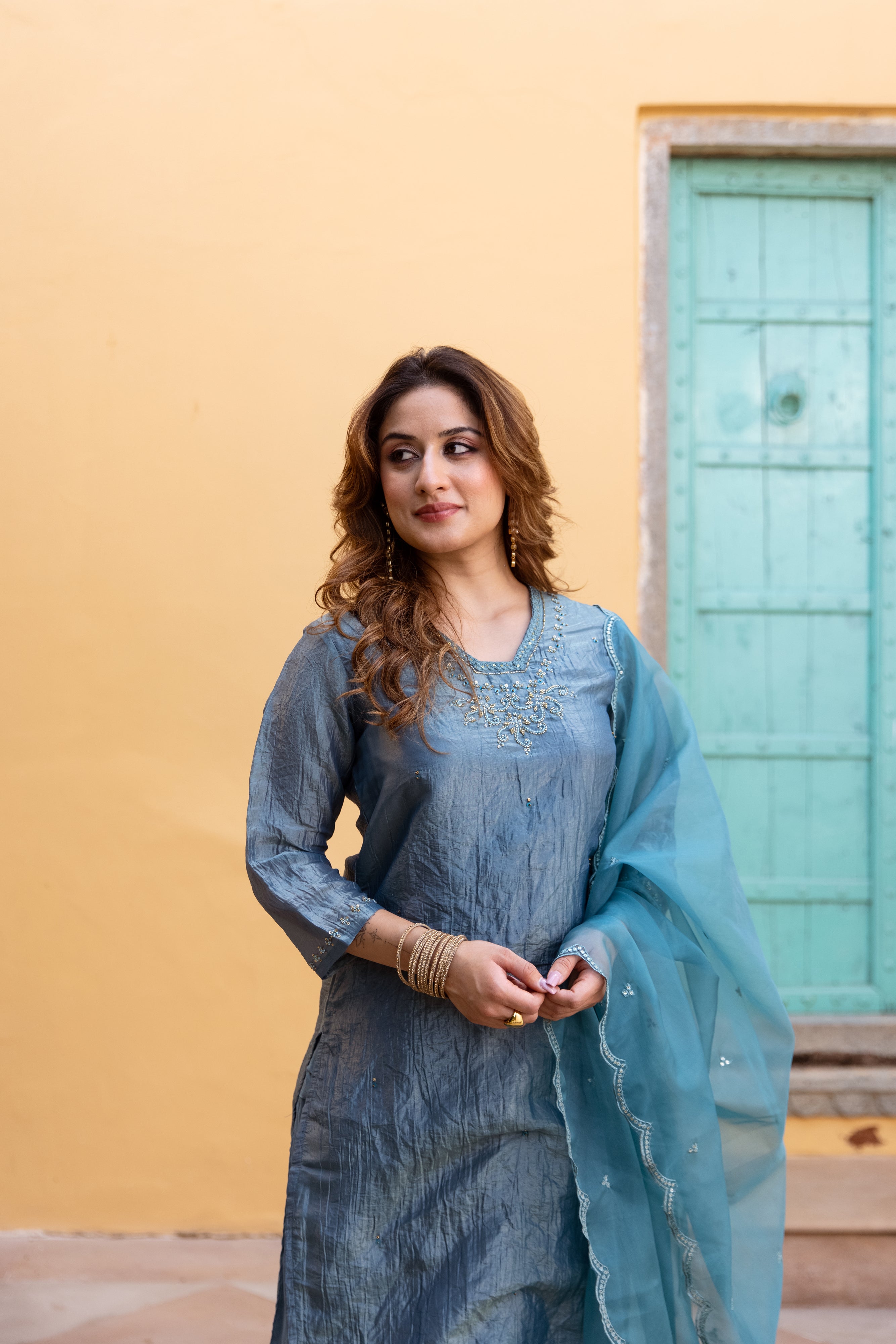Teal Paper Silk Kurta Pant and Dupatta Set