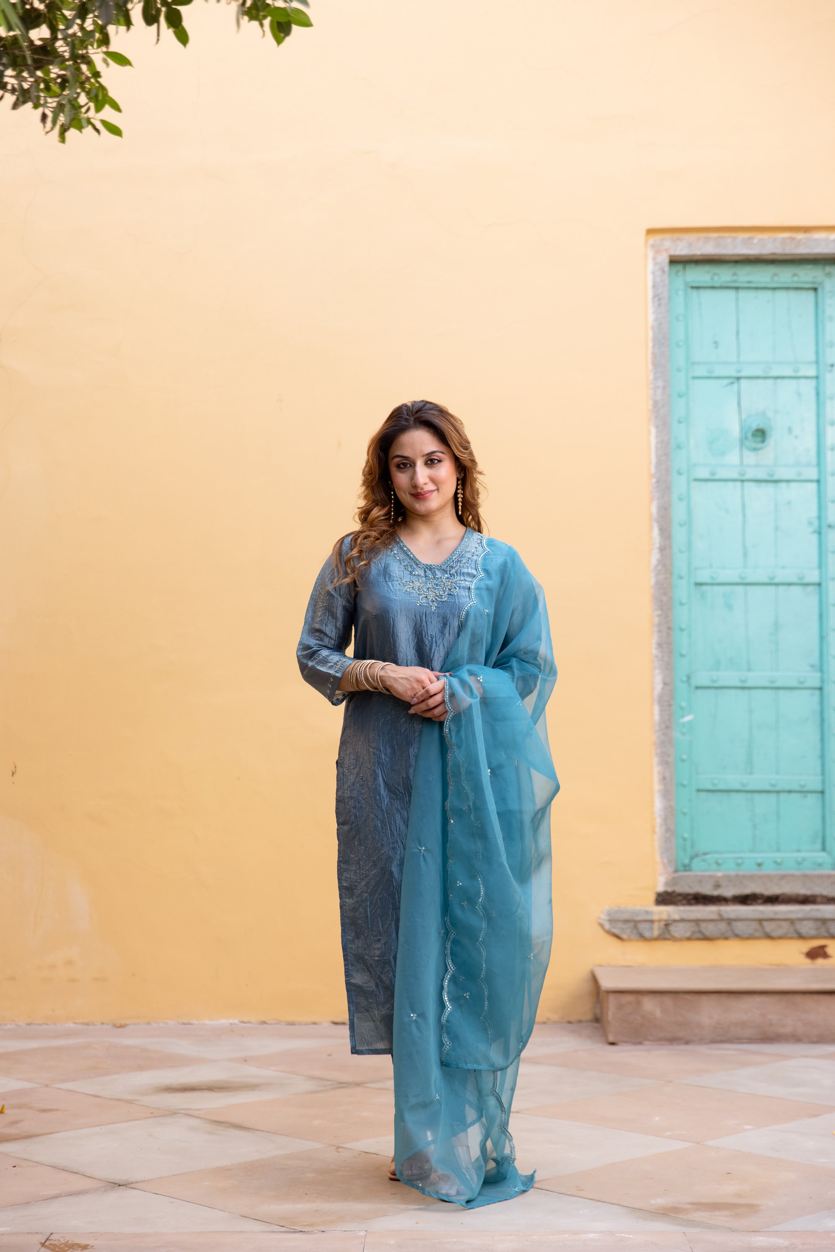 Teal Paper Silk Kurta Pant and Dupatta Set