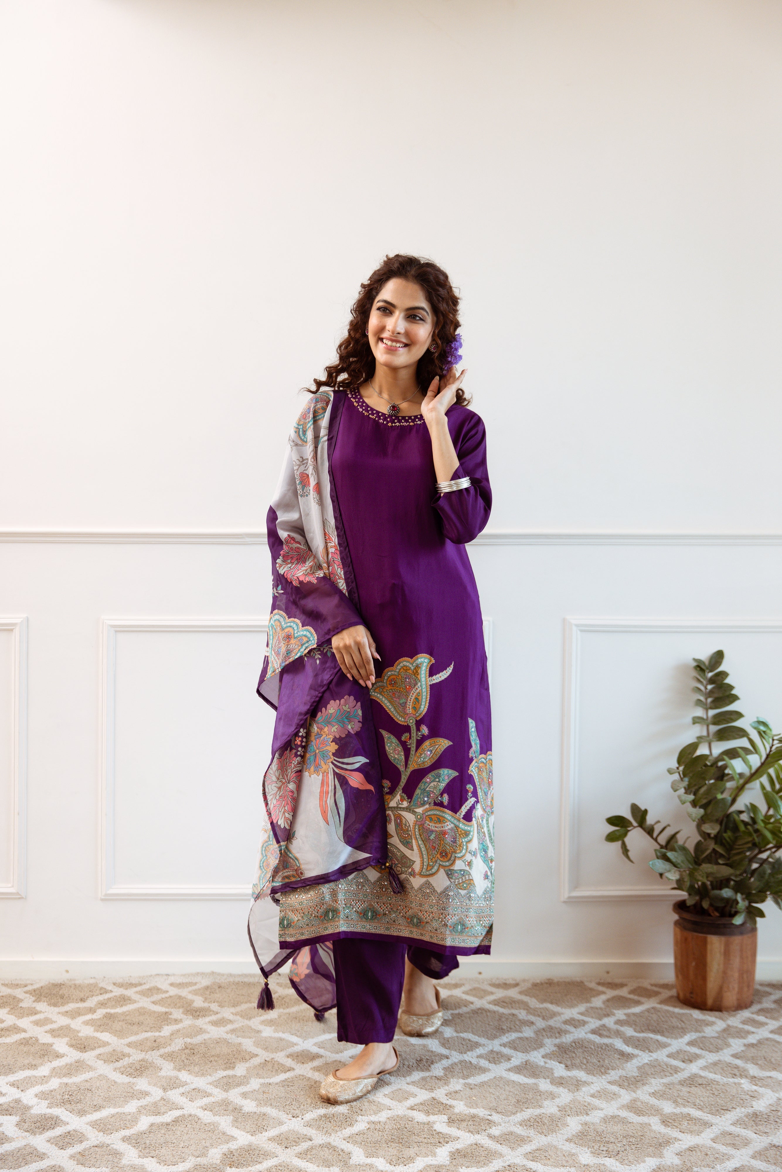 Violet Viscose Muslin Kurta Pant and Dupatta Set