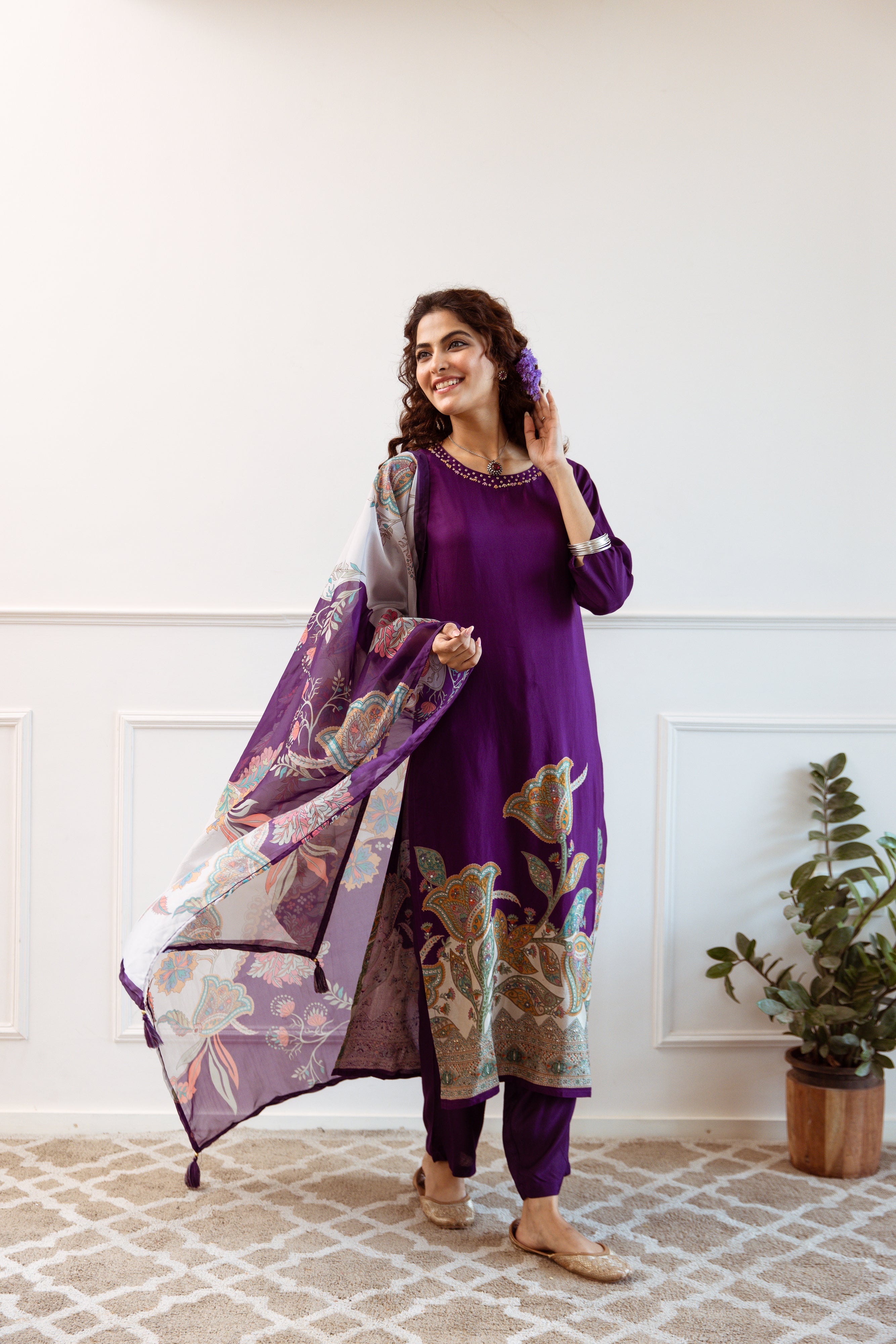 Violet Viscose Muslin Kurta Pant and Dupatta Set