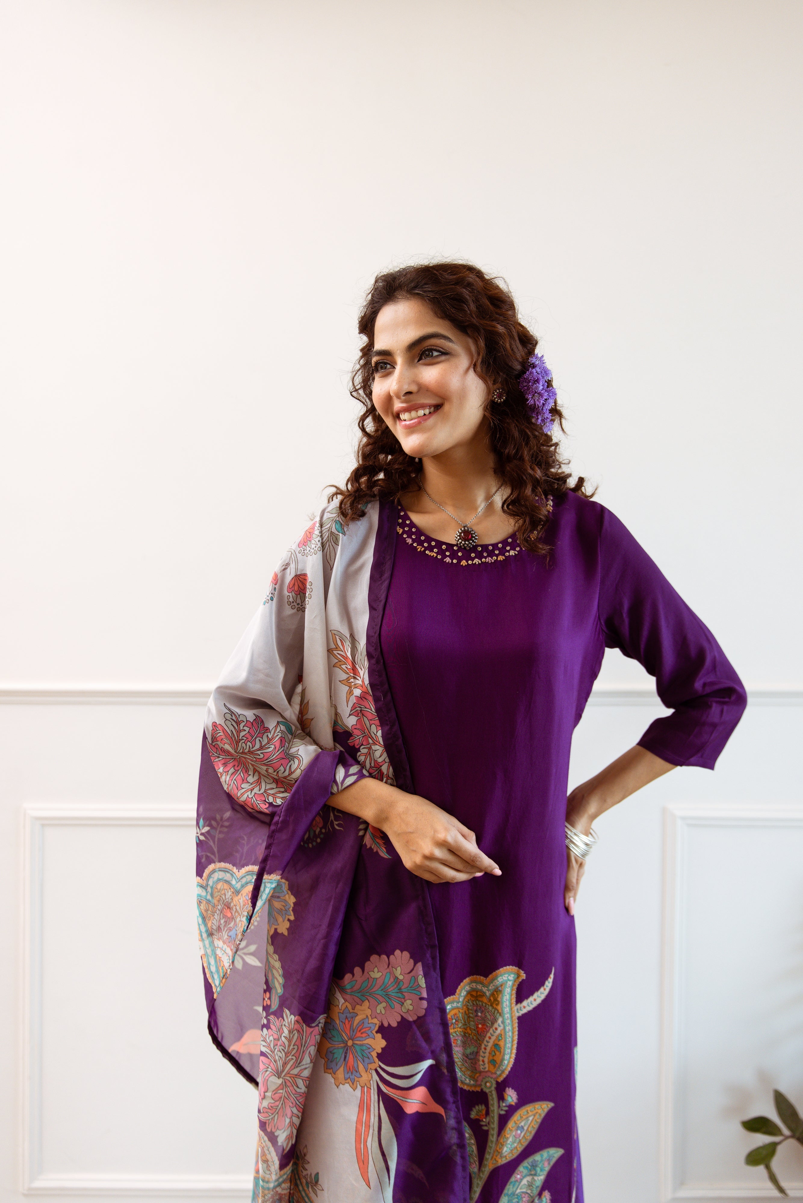 Violet Viscose Muslin Kurta Pant and Dupatta Set