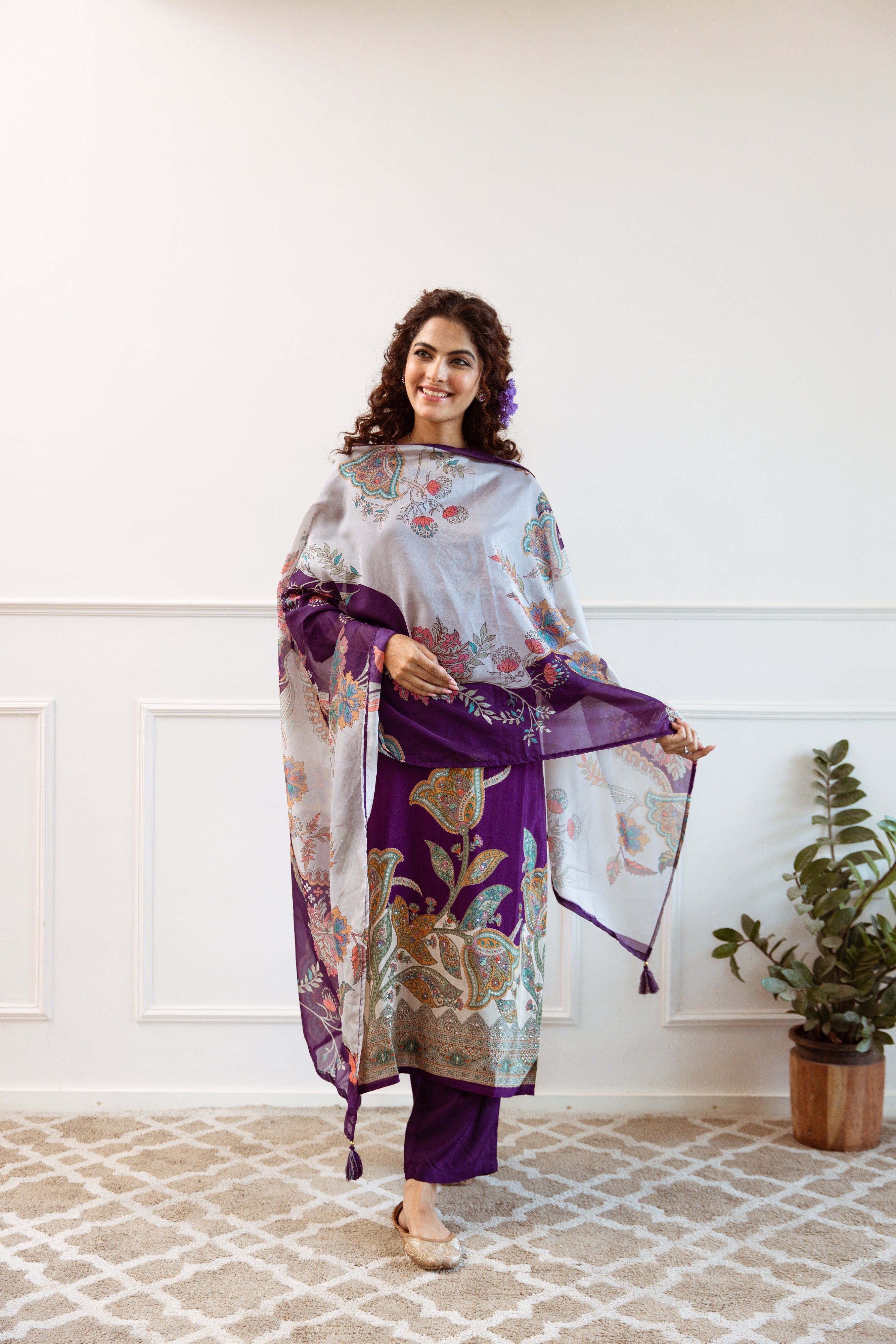 Violet Viscose Muslin Kurta Pant and Dupatta Set
