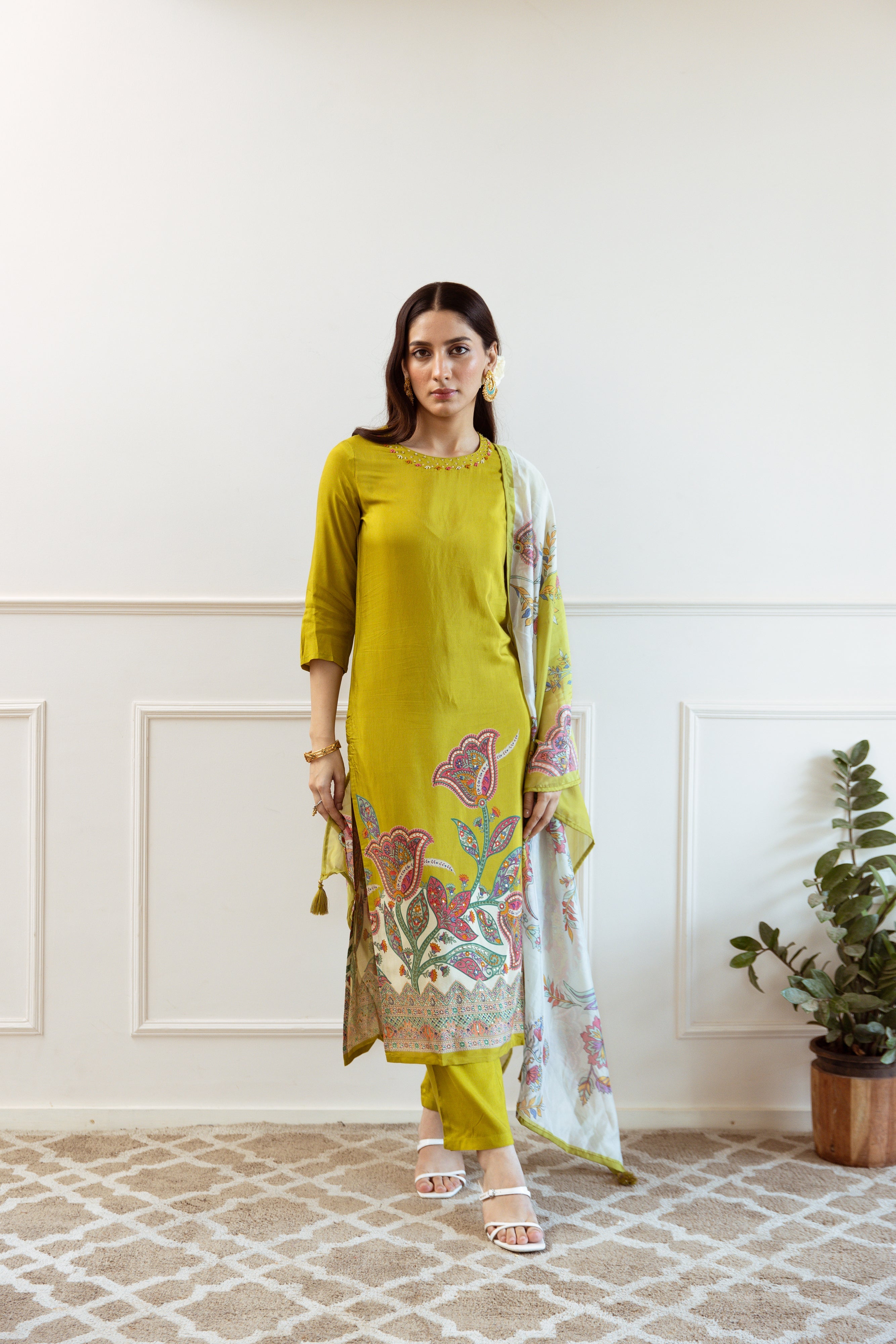 Green Viscose Muslin Kurta Pant and Dupatta Set