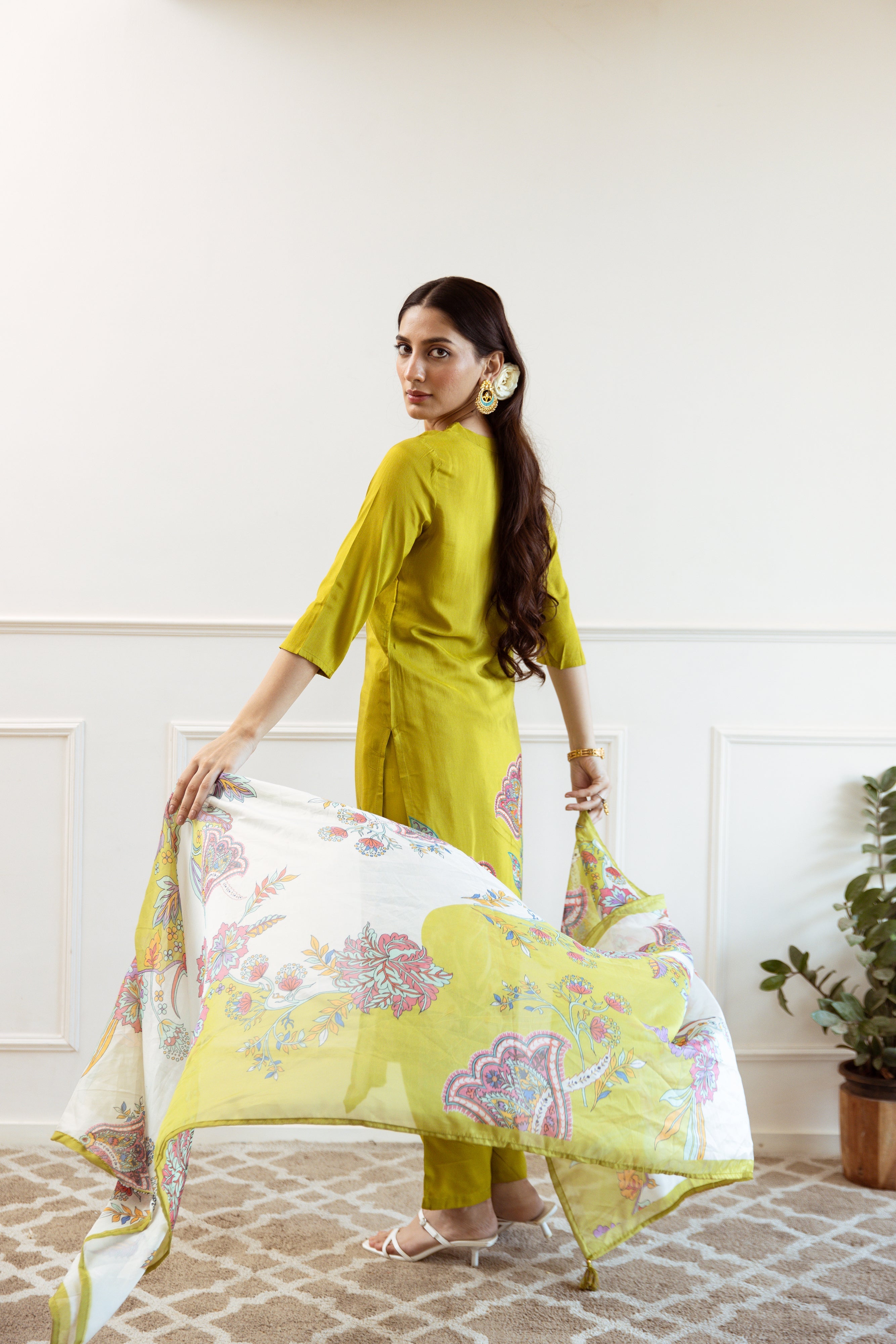 Green Viscose Muslin Kurta Pant and Dupatta Set