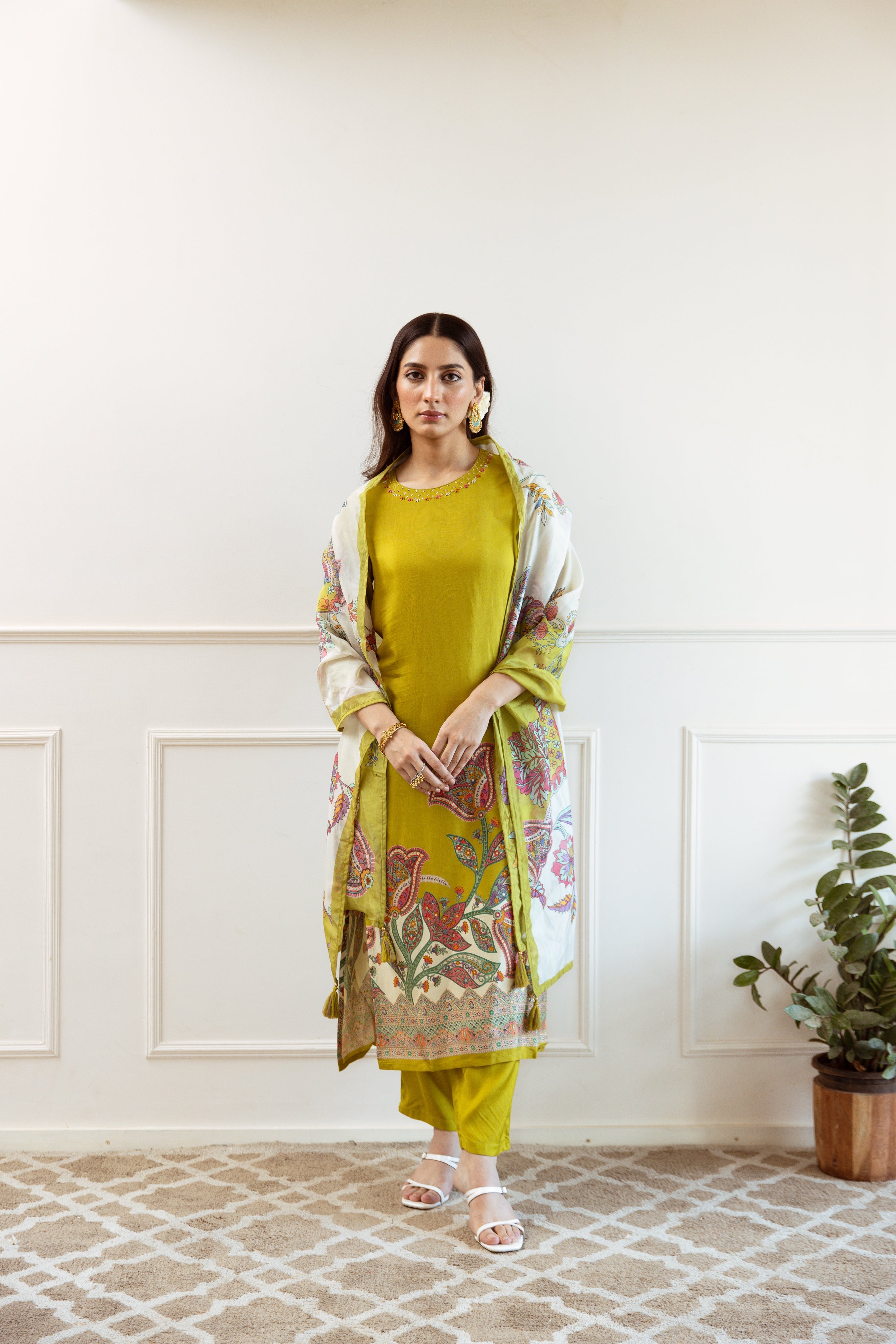 Green Viscose Muslin Kurta Pant and Dupatta Set