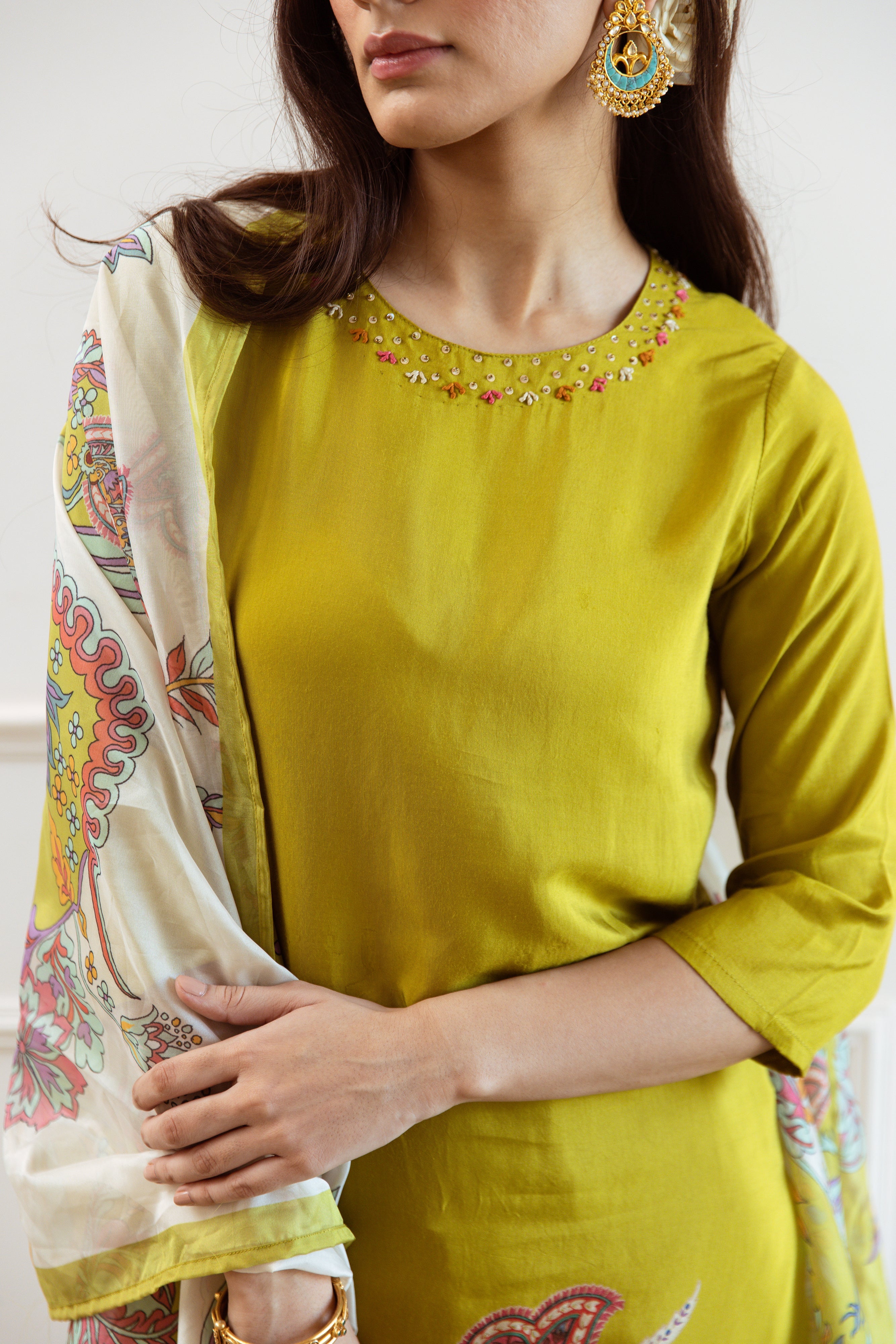 Green Viscose Muslin Kurta Pant and Dupatta Set