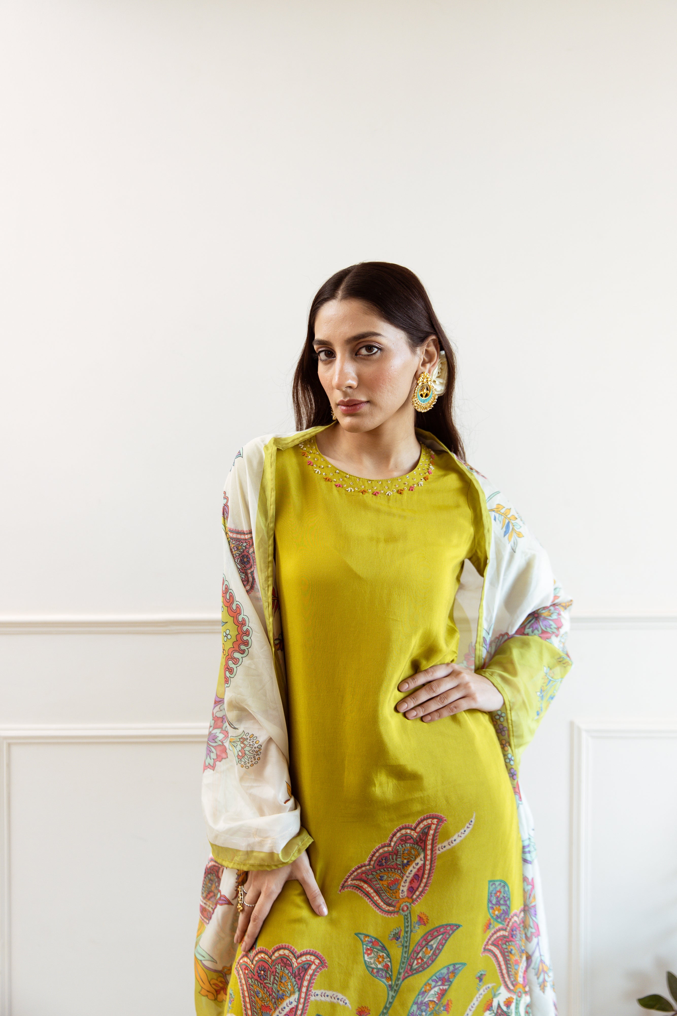 Green Viscose Muslin Kurta Pant and Dupatta Set