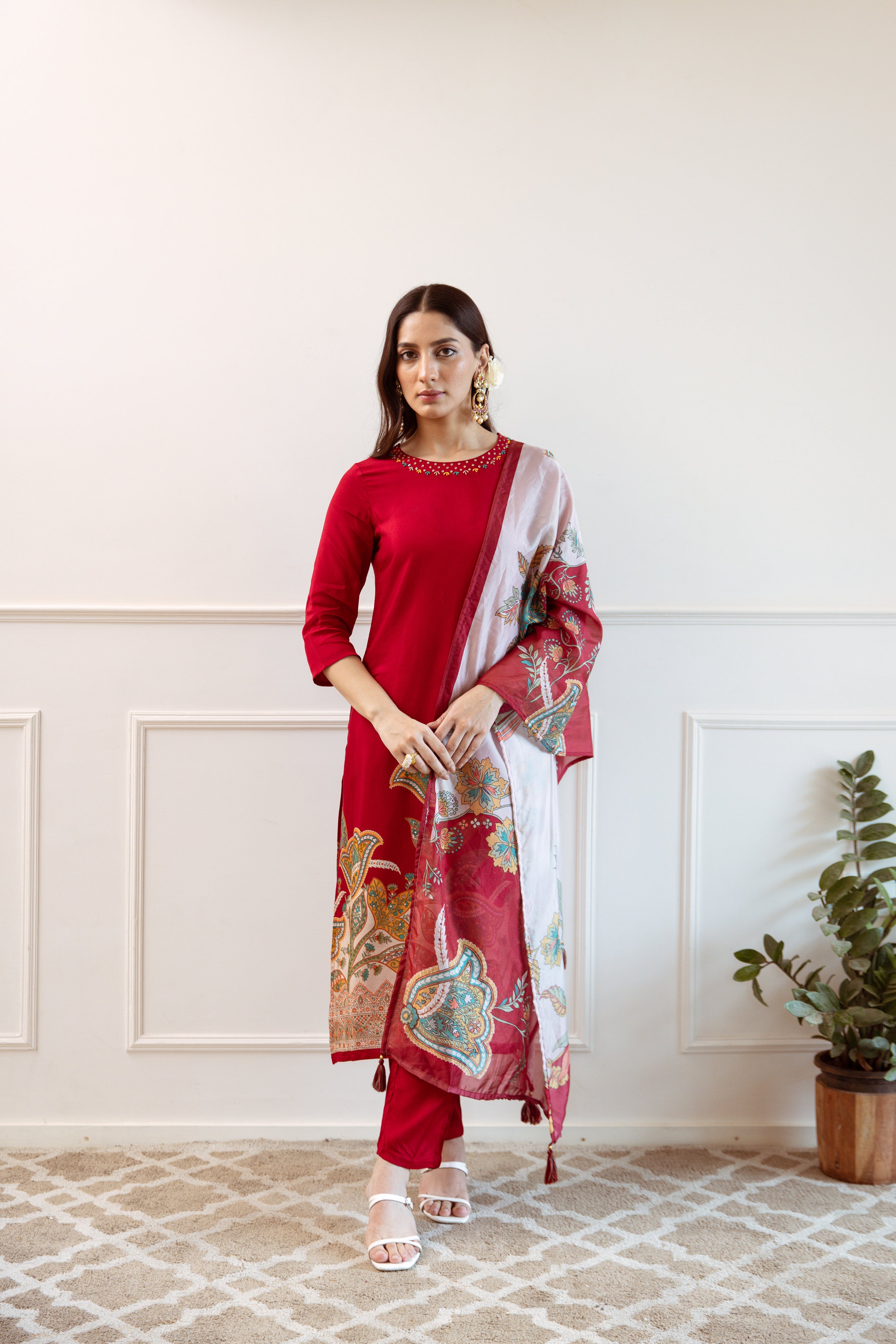 Blood Red Viscose Muslin Kurta Pant and Dupatta Set