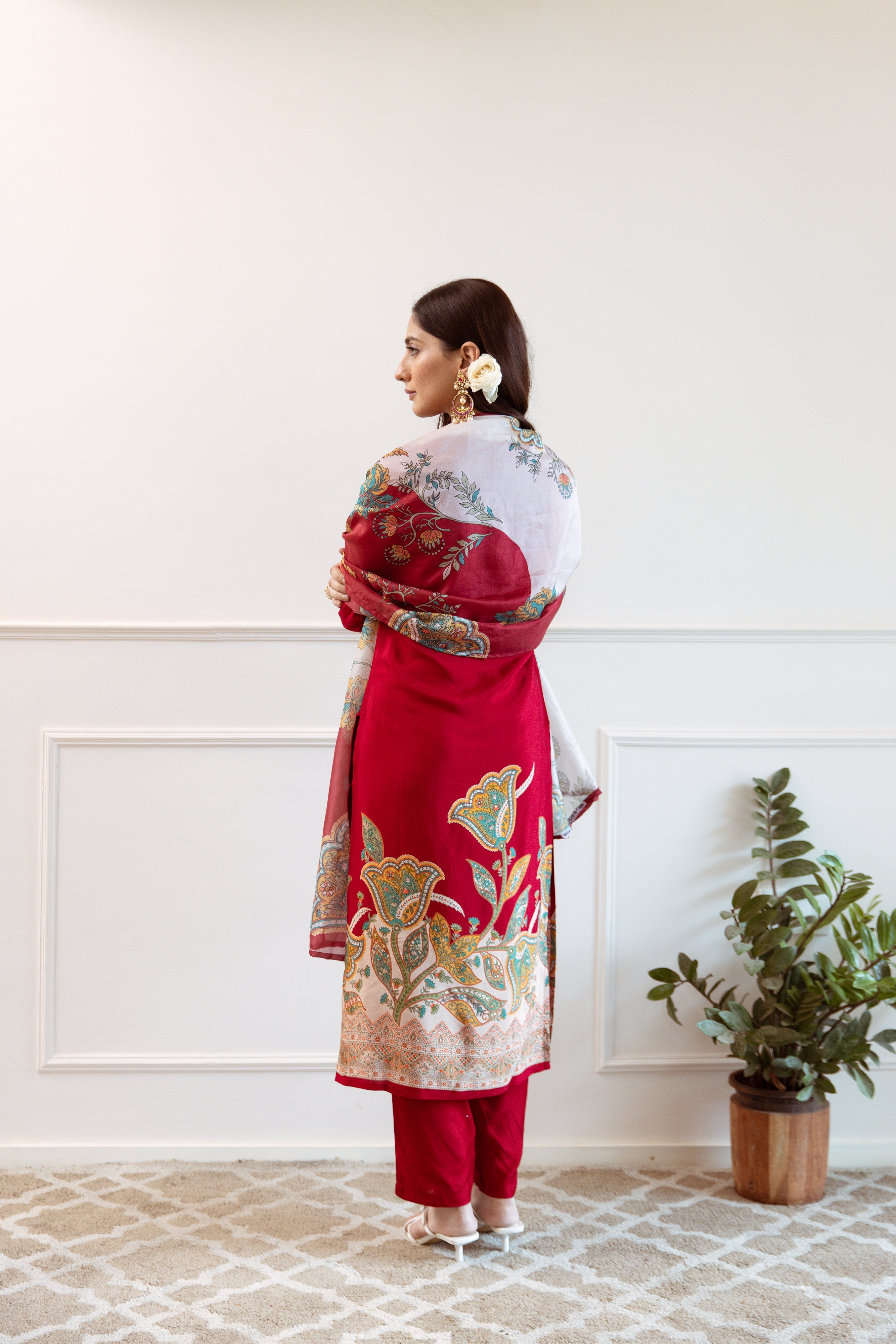 Blood Red Viscose Muslin Kurta Pant and Dupatta Set