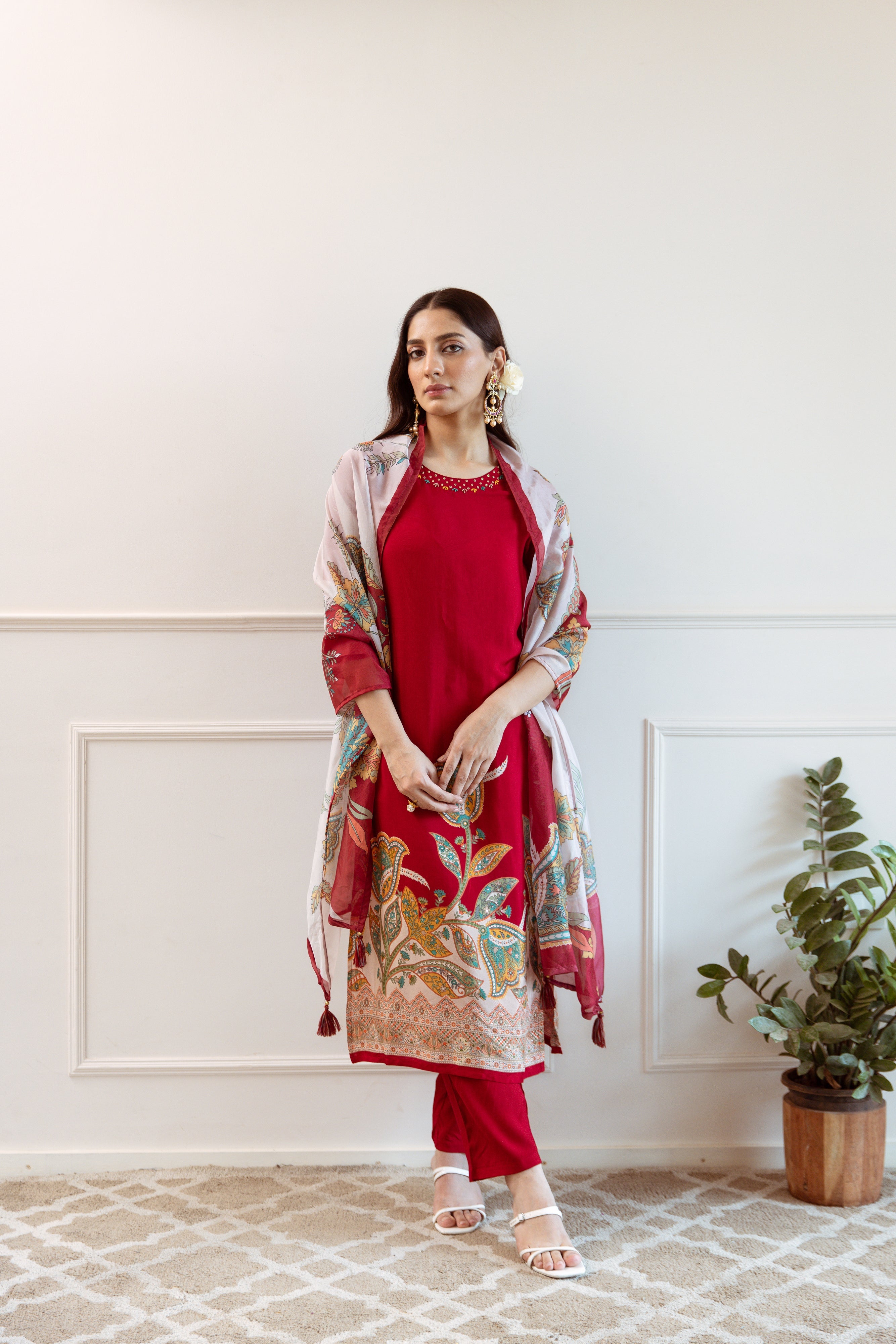 Blood Red Viscose Muslin Kurta Pant and Dupatta Set