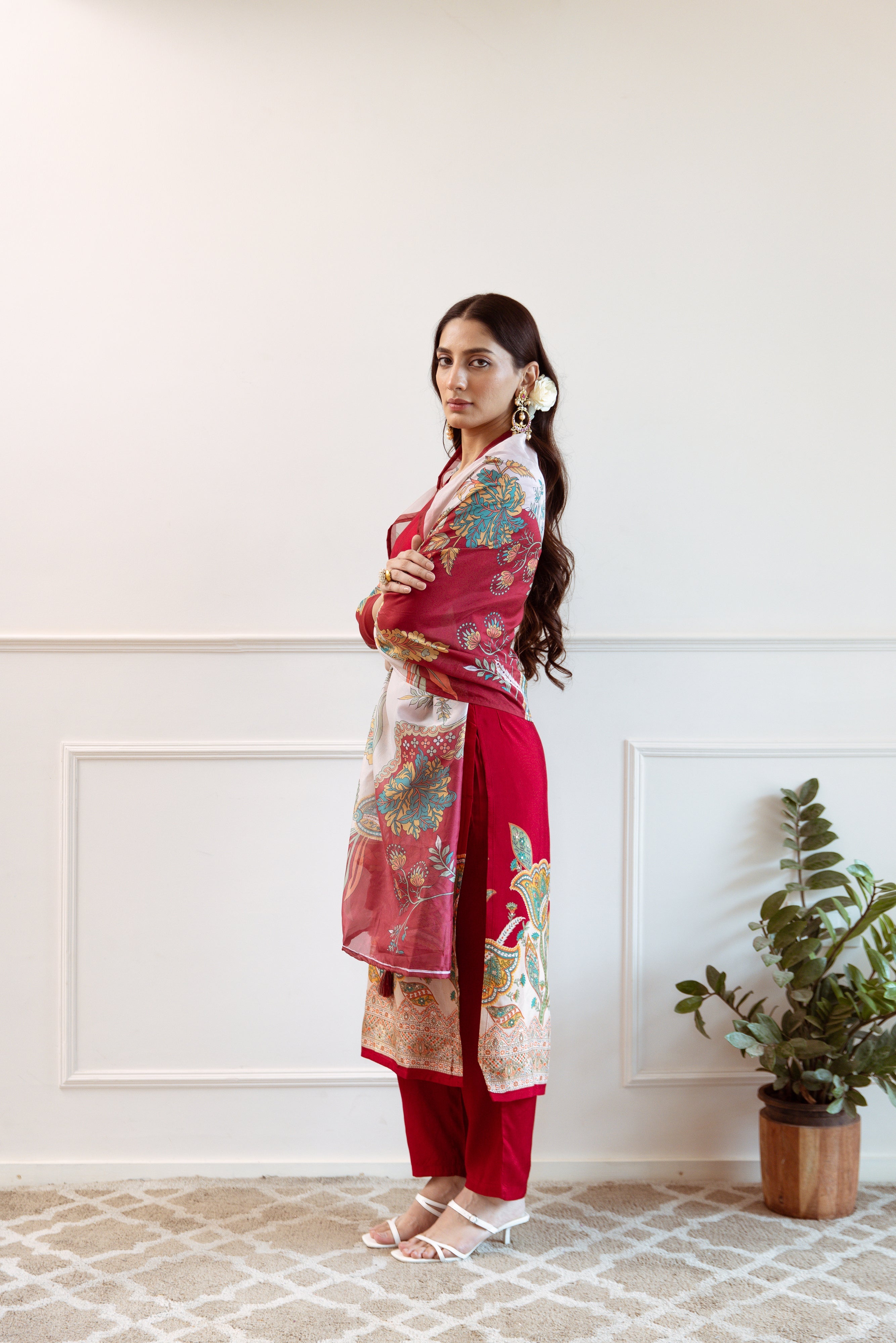 Blood Red Viscose Muslin Kurta Pant and Dupatta Set