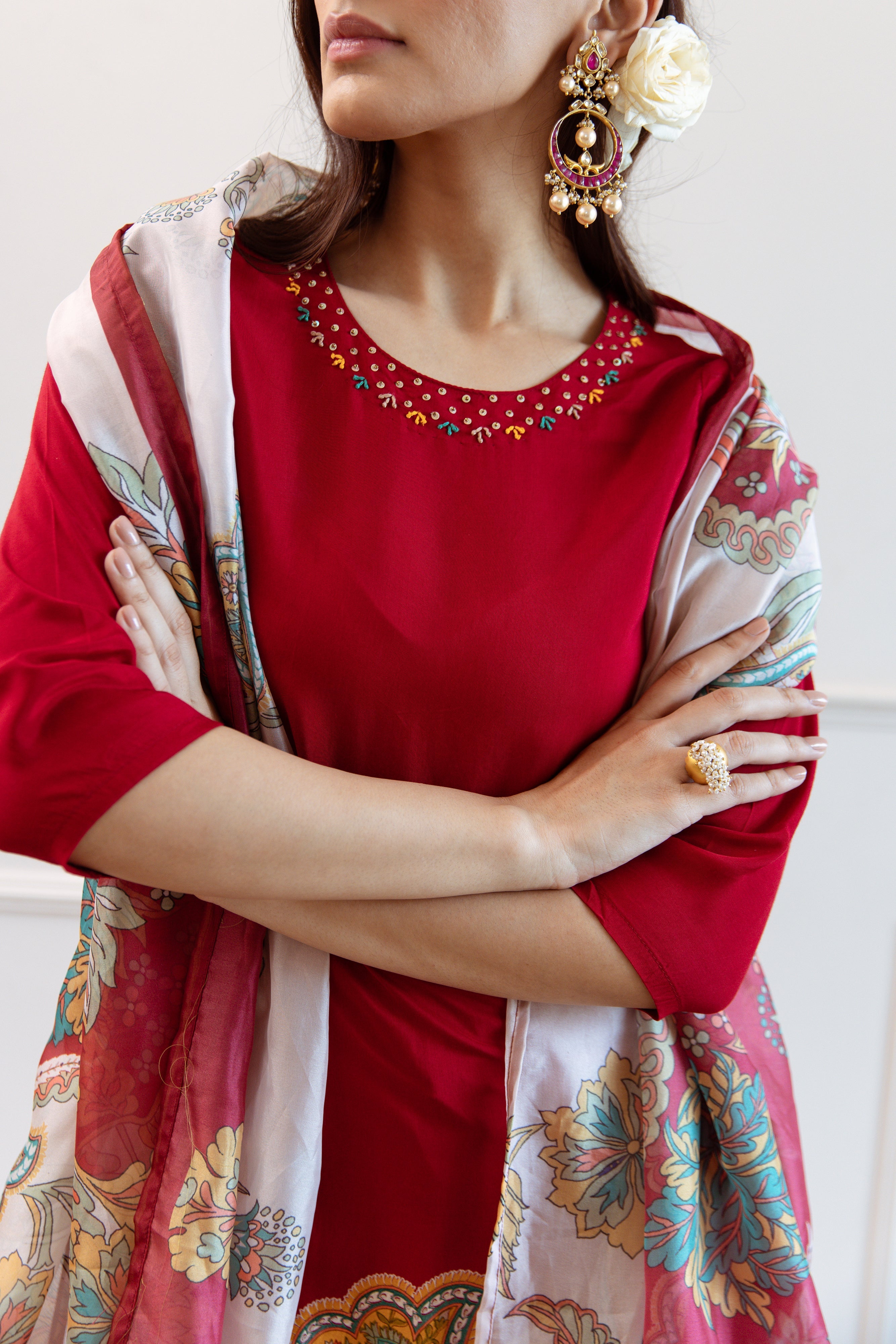 Blood Red Viscose Muslin Kurta Pant and Dupatta Set