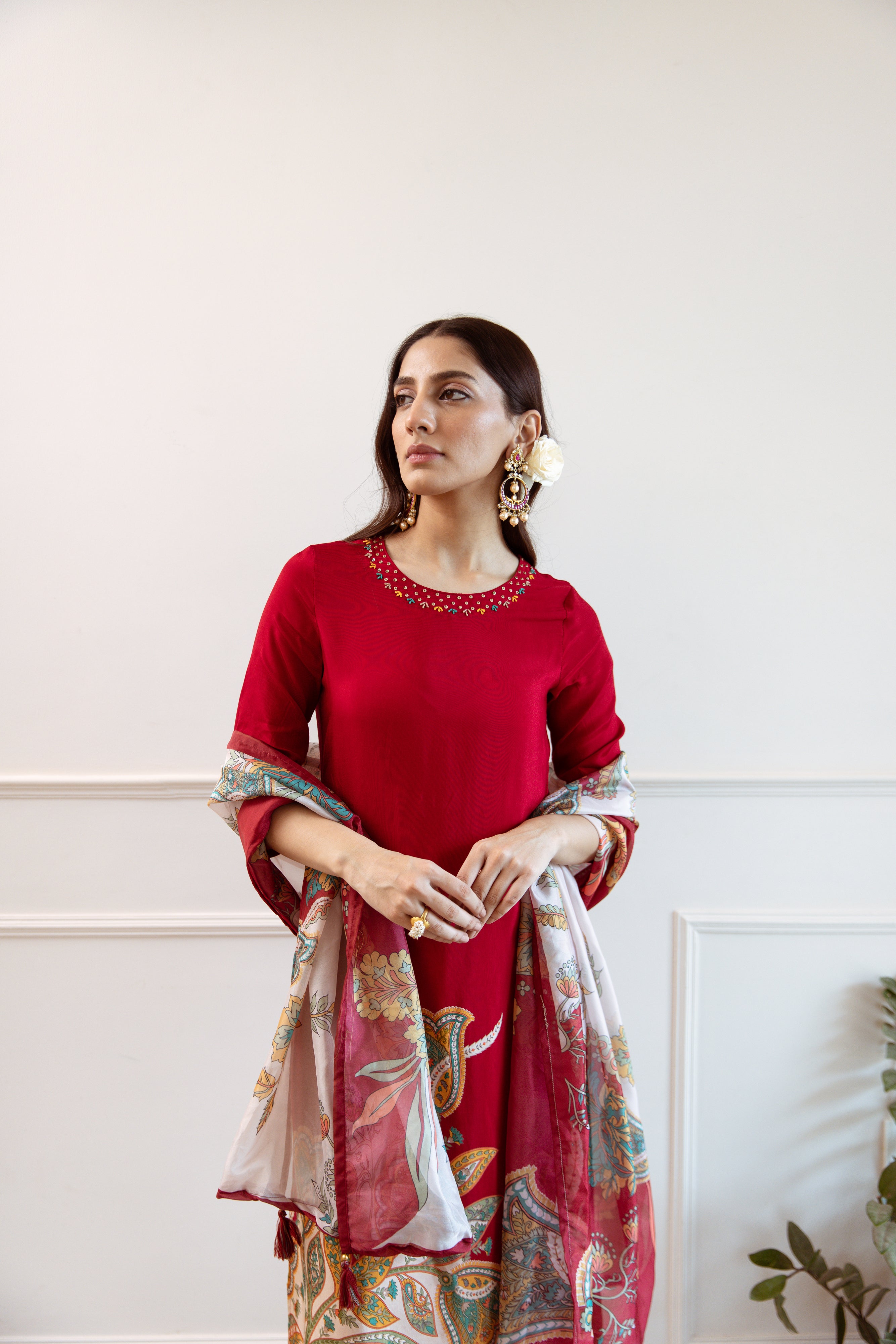 Blood Red Viscose Muslin Kurta Pant and Dupatta Set