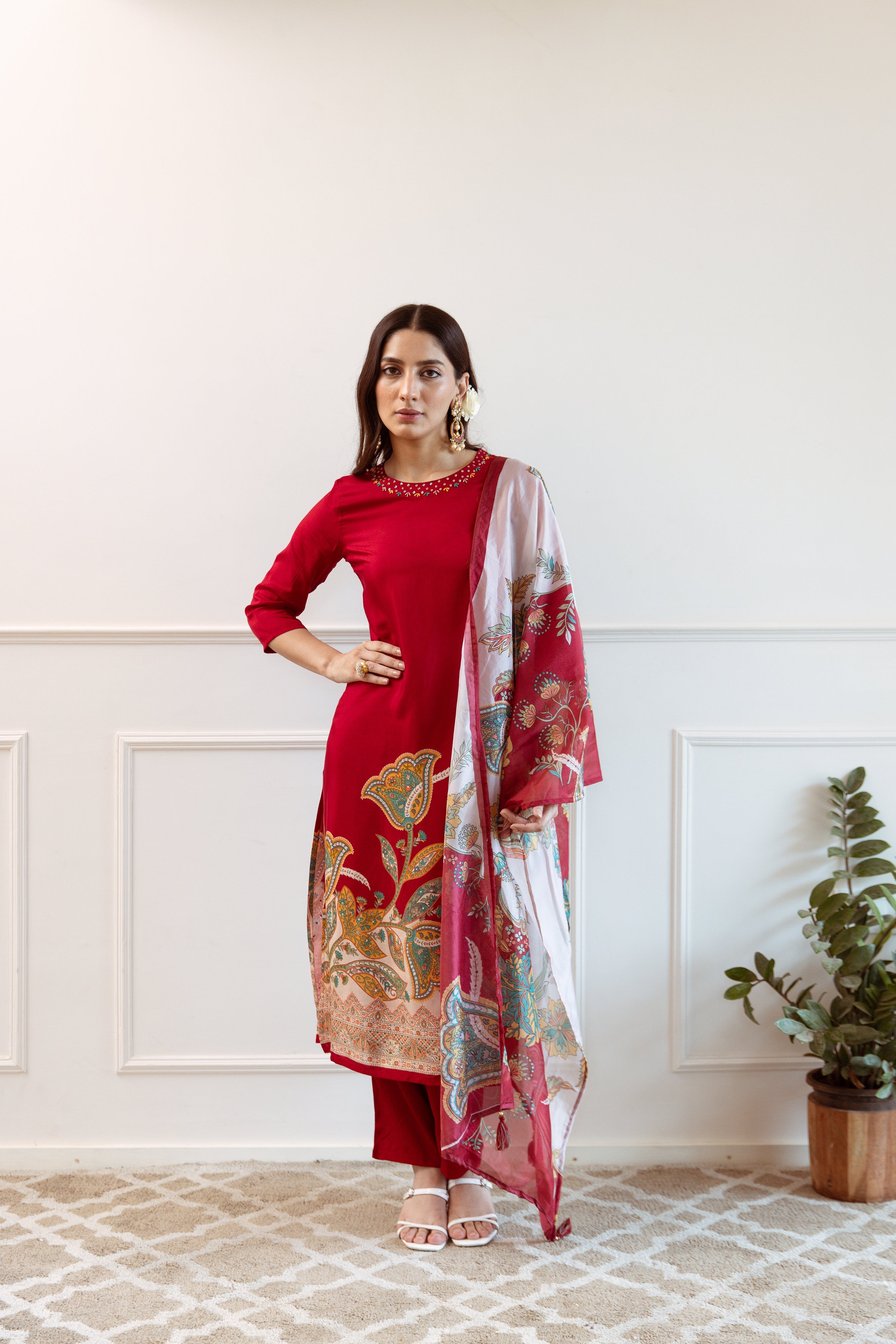 Blood Red Viscose Muslin Kurta Pant and Dupatta Set