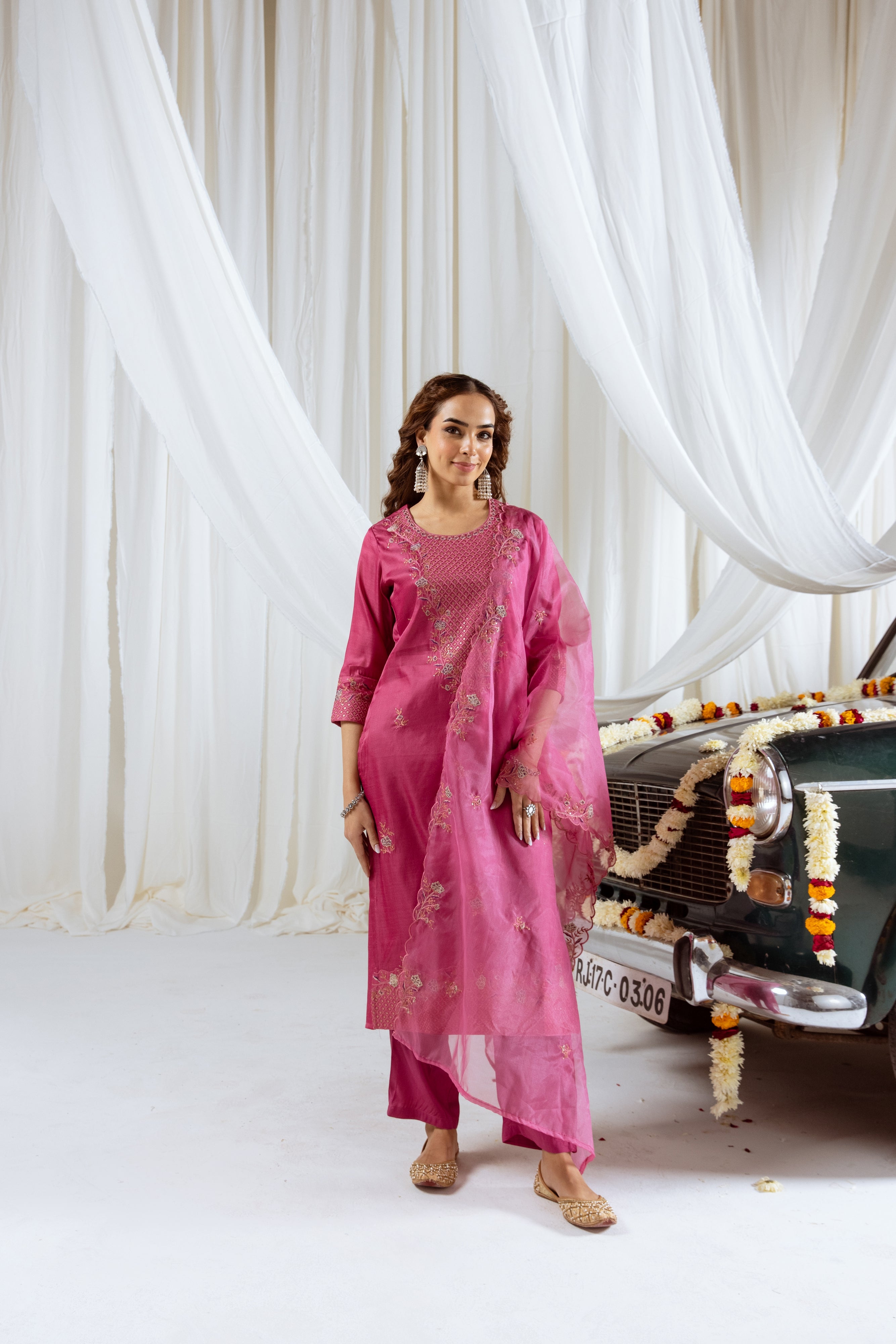 Thulium Pink Muslin Silk Kurta Pant and Dupatta Set