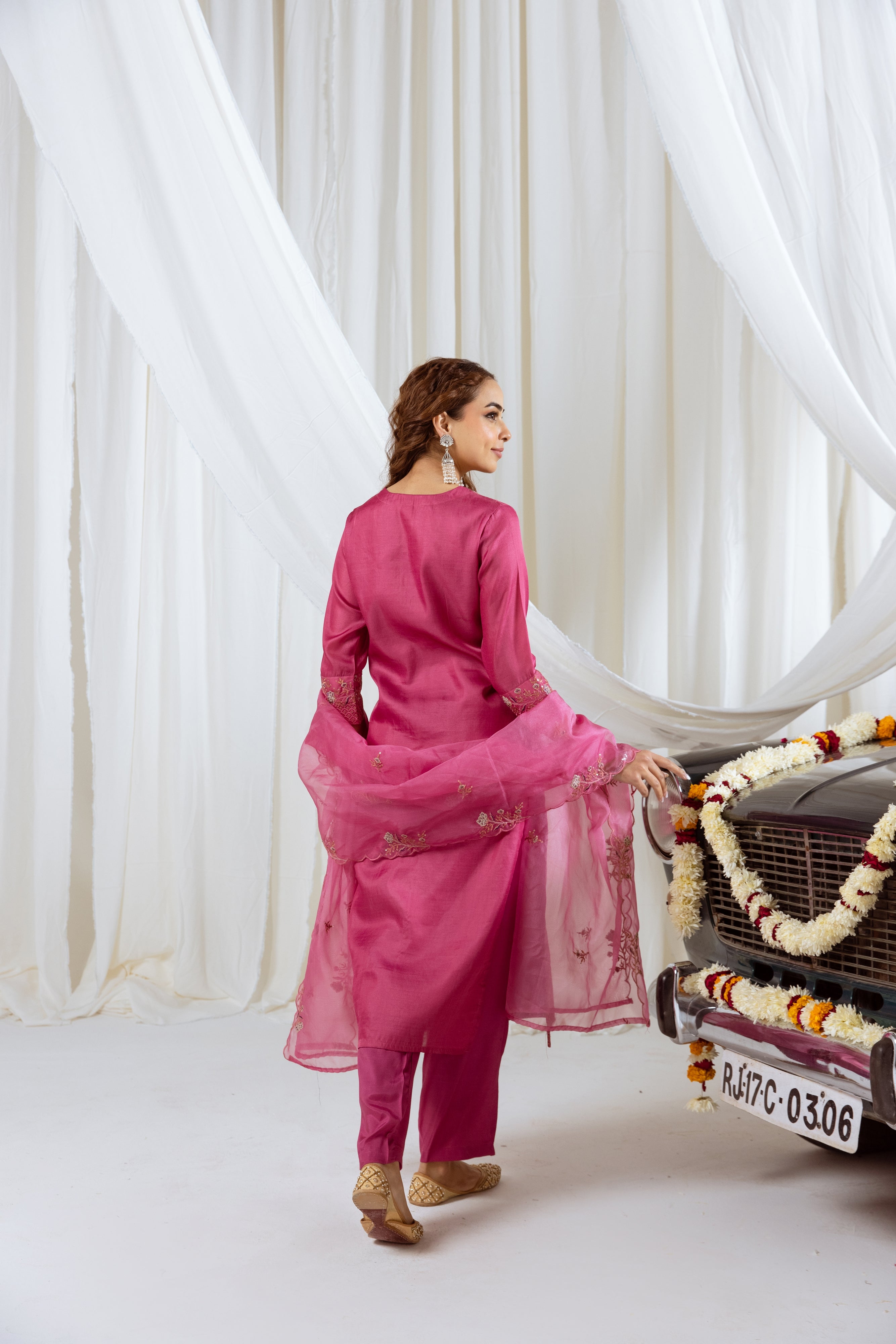 Thulium Pink Muslin Silk Kurta Pant and Dupatta Set