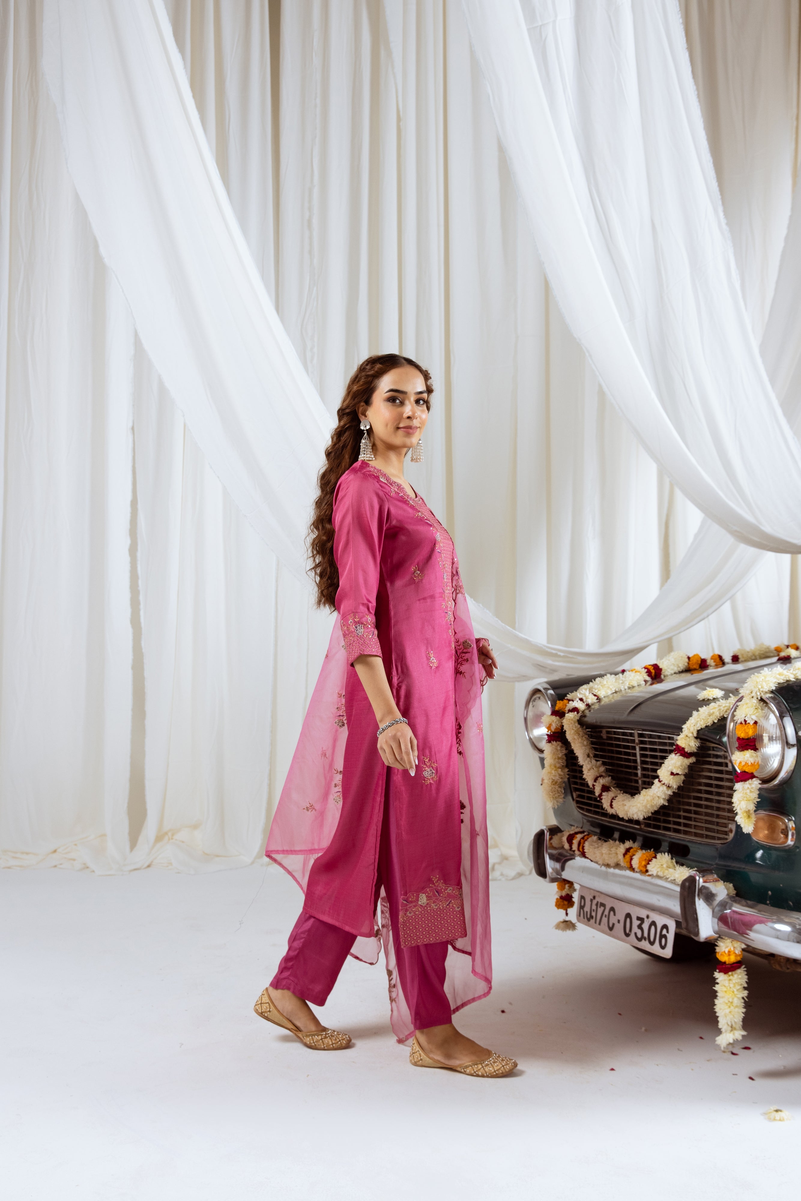 Thulium Pink Muslin Silk Kurta Pant and Dupatta Set