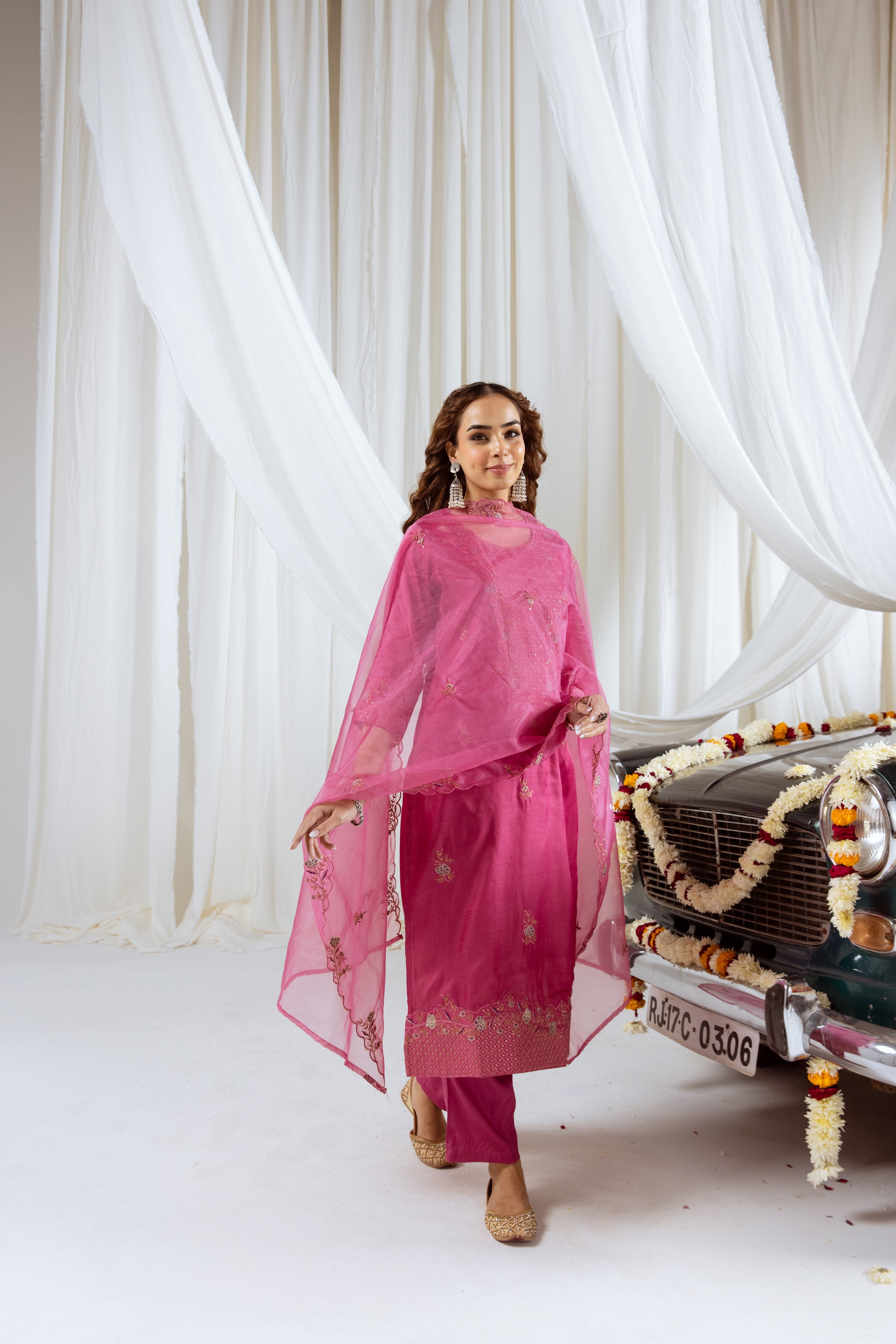 Thulium Pink Muslin Silk Kurta Pant and Dupatta Set