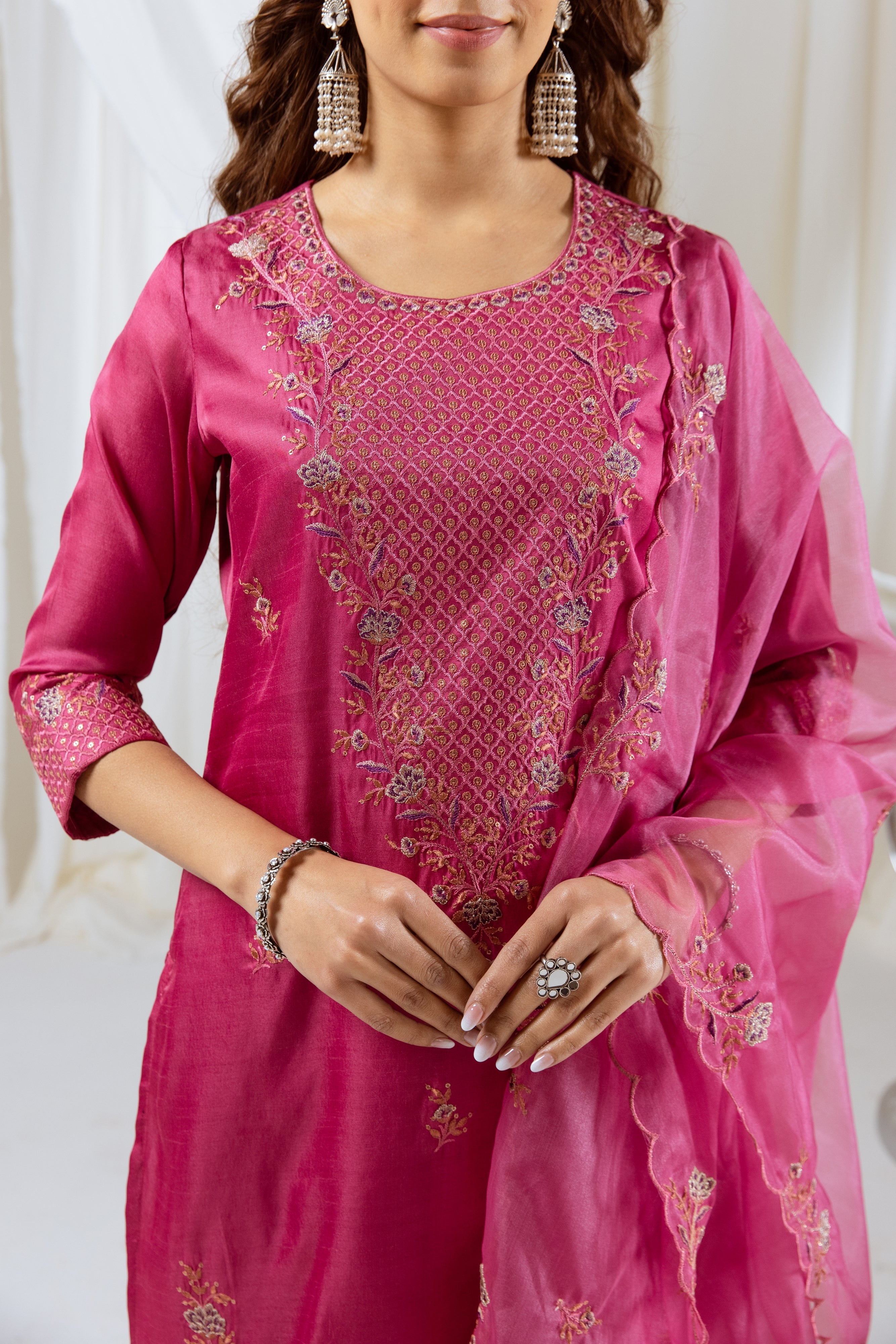 Thulium Pink Muslin Silk Kurta Pant and Dupatta Set