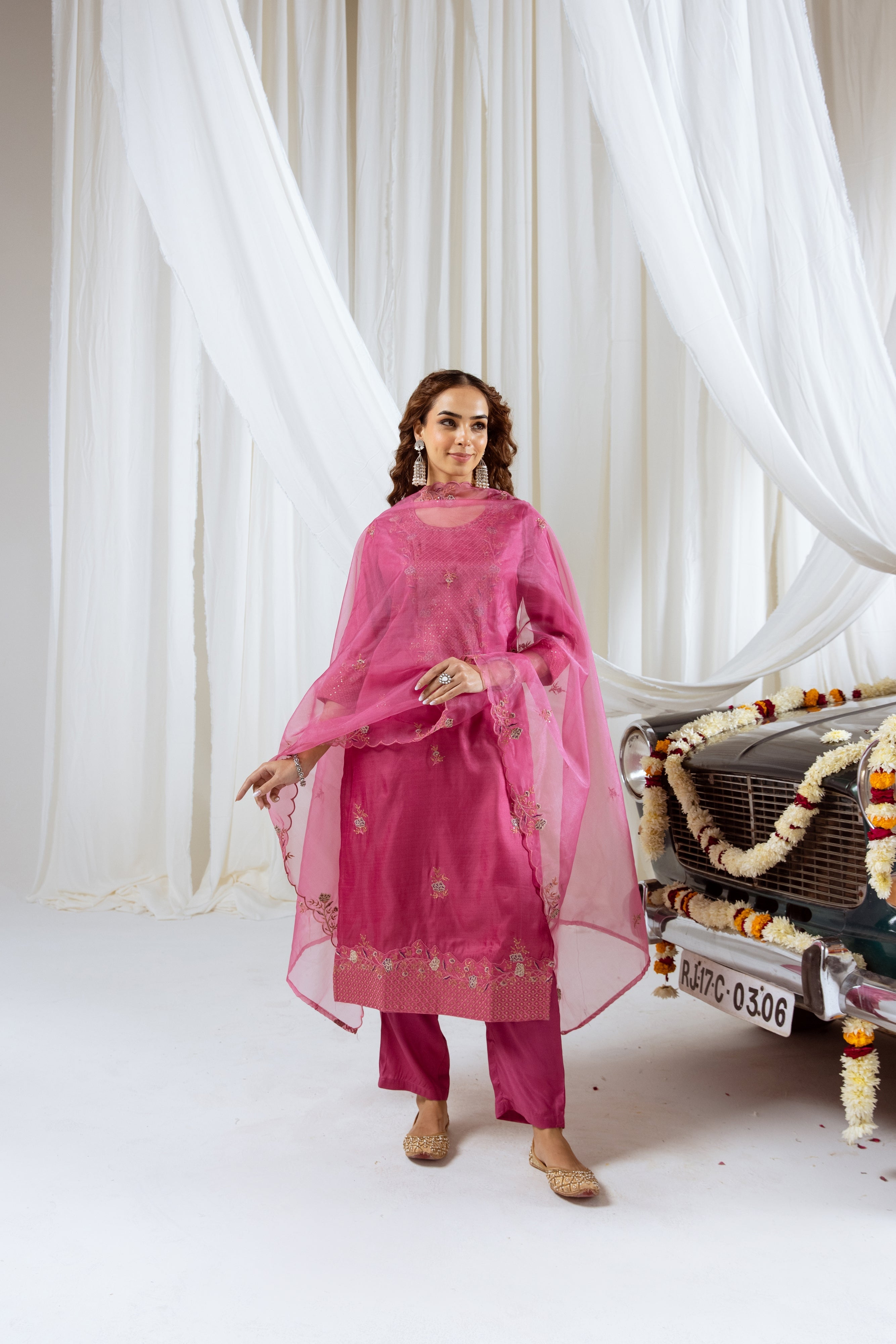 Thulium Pink Muslin Silk Kurta Pant and Dupatta Set