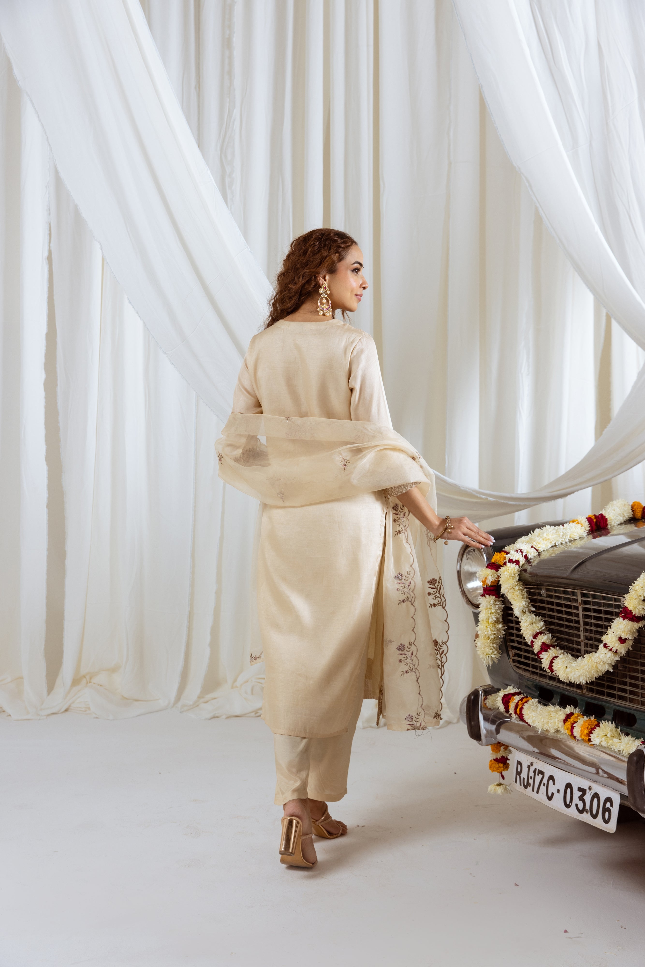 Beige Muslin Silk Kurta Pant and Dupatta Set