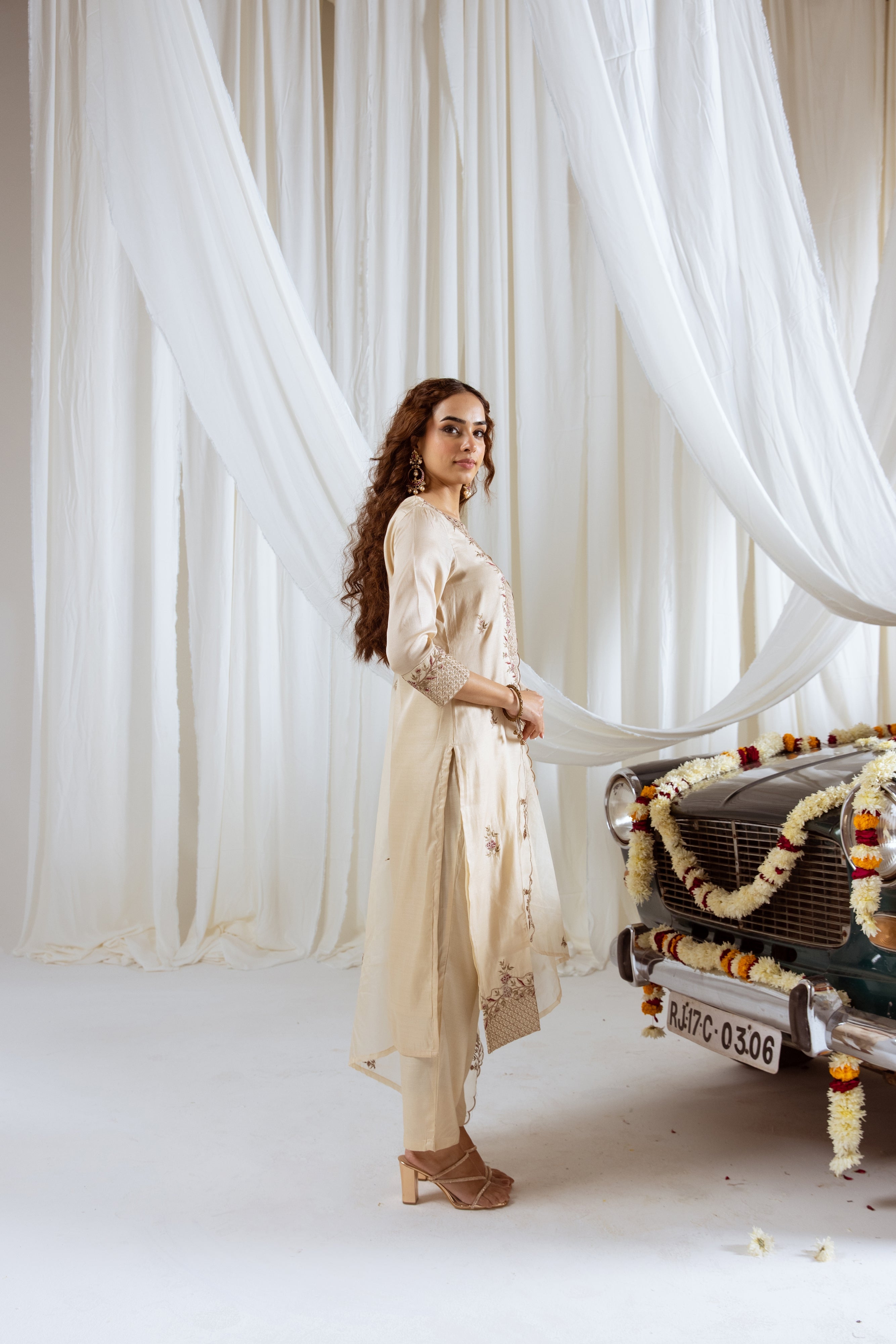 Beige Muslin Silk Kurta Pant and Dupatta Set
