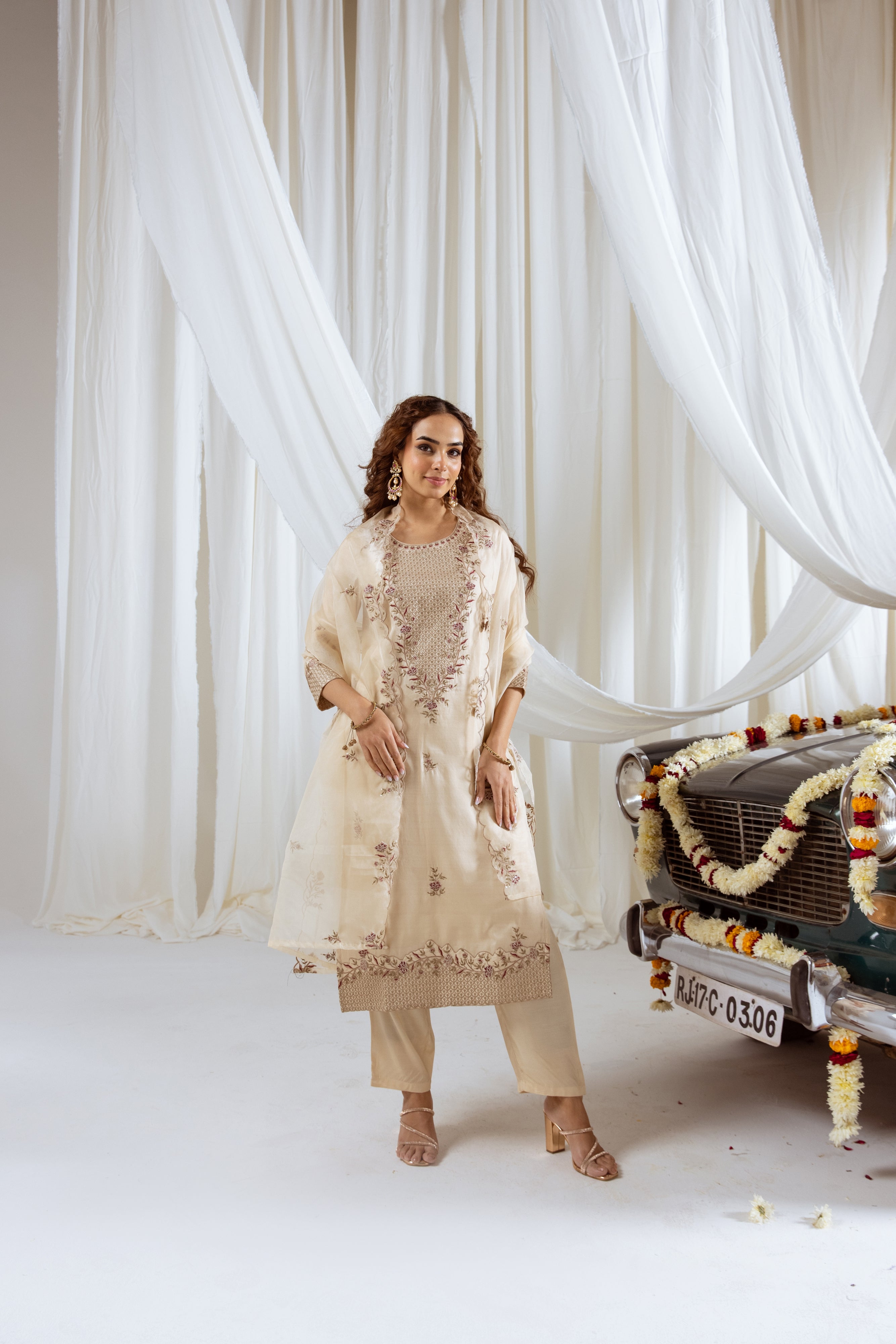 Beige Muslin Silk Kurta Pant and Dupatta Set
