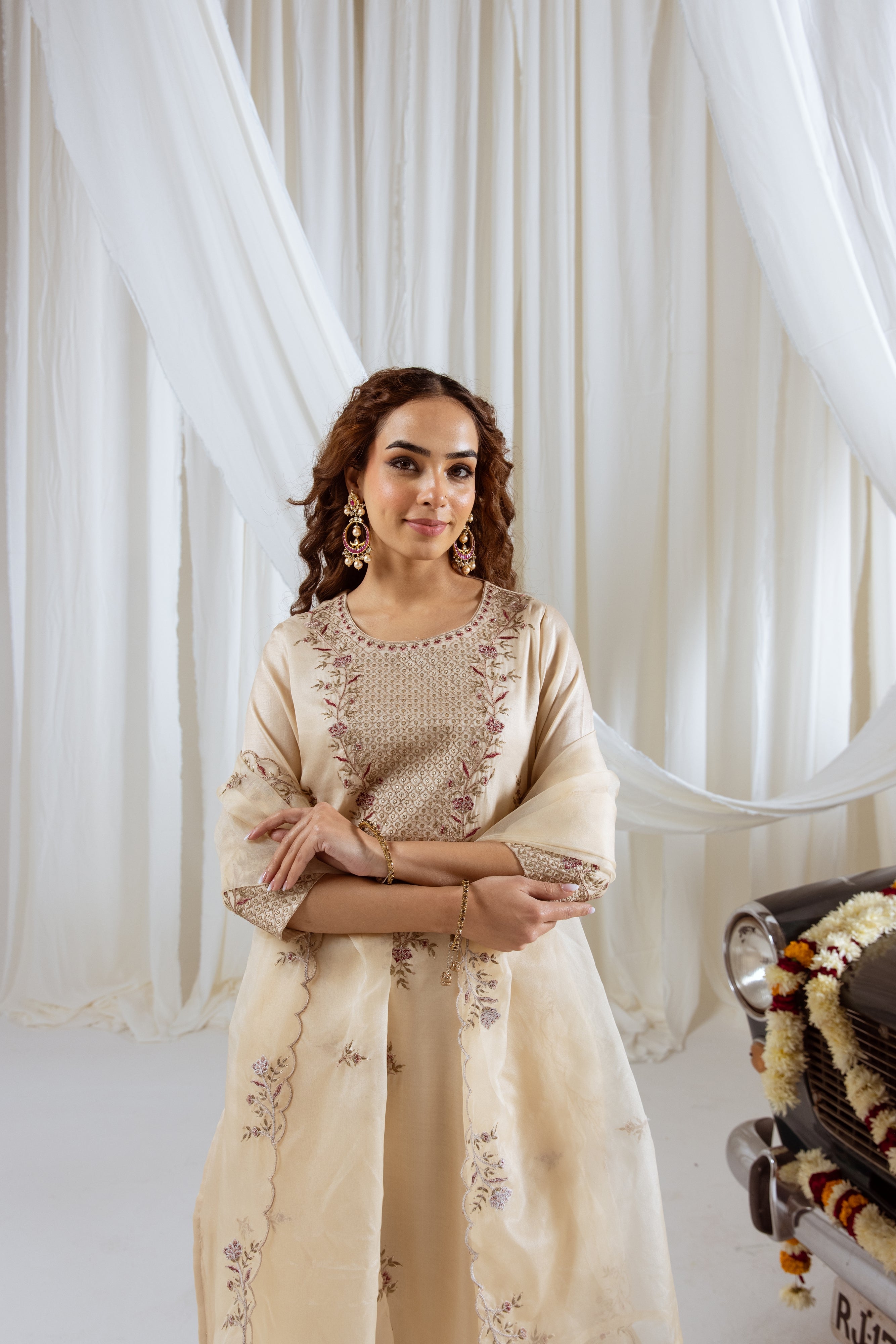 Beige Muslin Silk Kurta Pant and Dupatta Set
