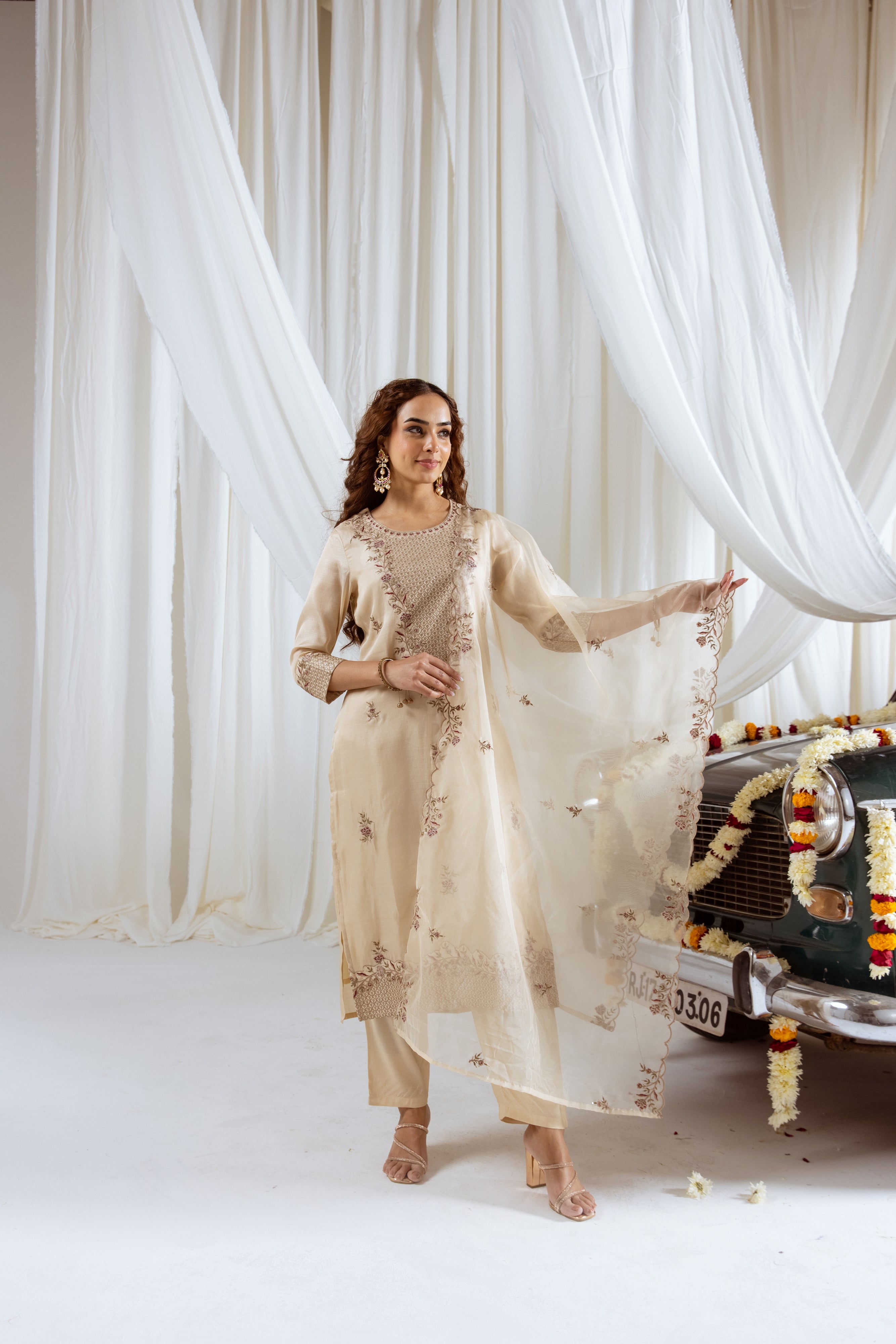 Beige Muslin Silk Kurta Pant and Dupatta Set