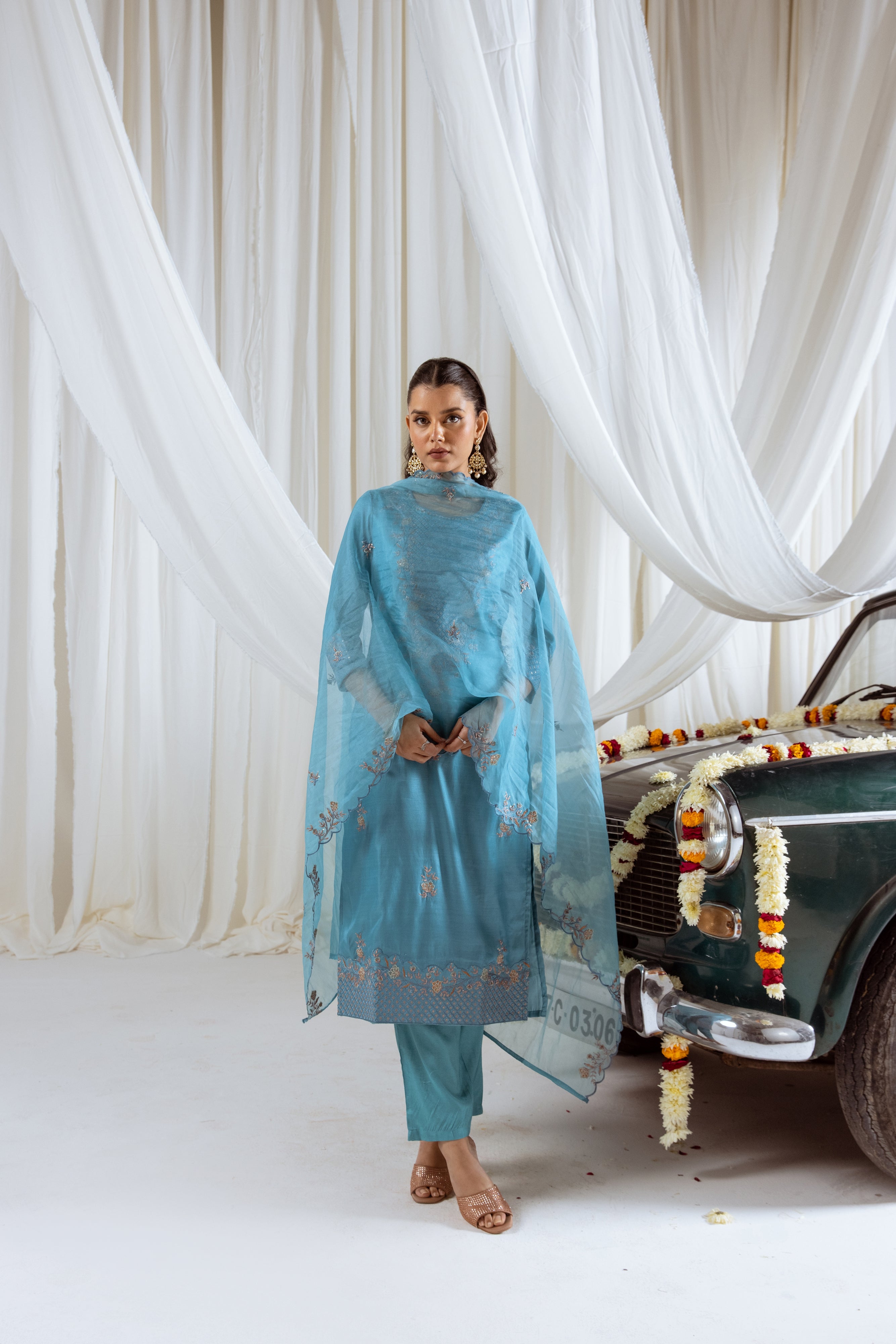 Sky Blue Muslin Silk Kurta Pant and Dupatta Set