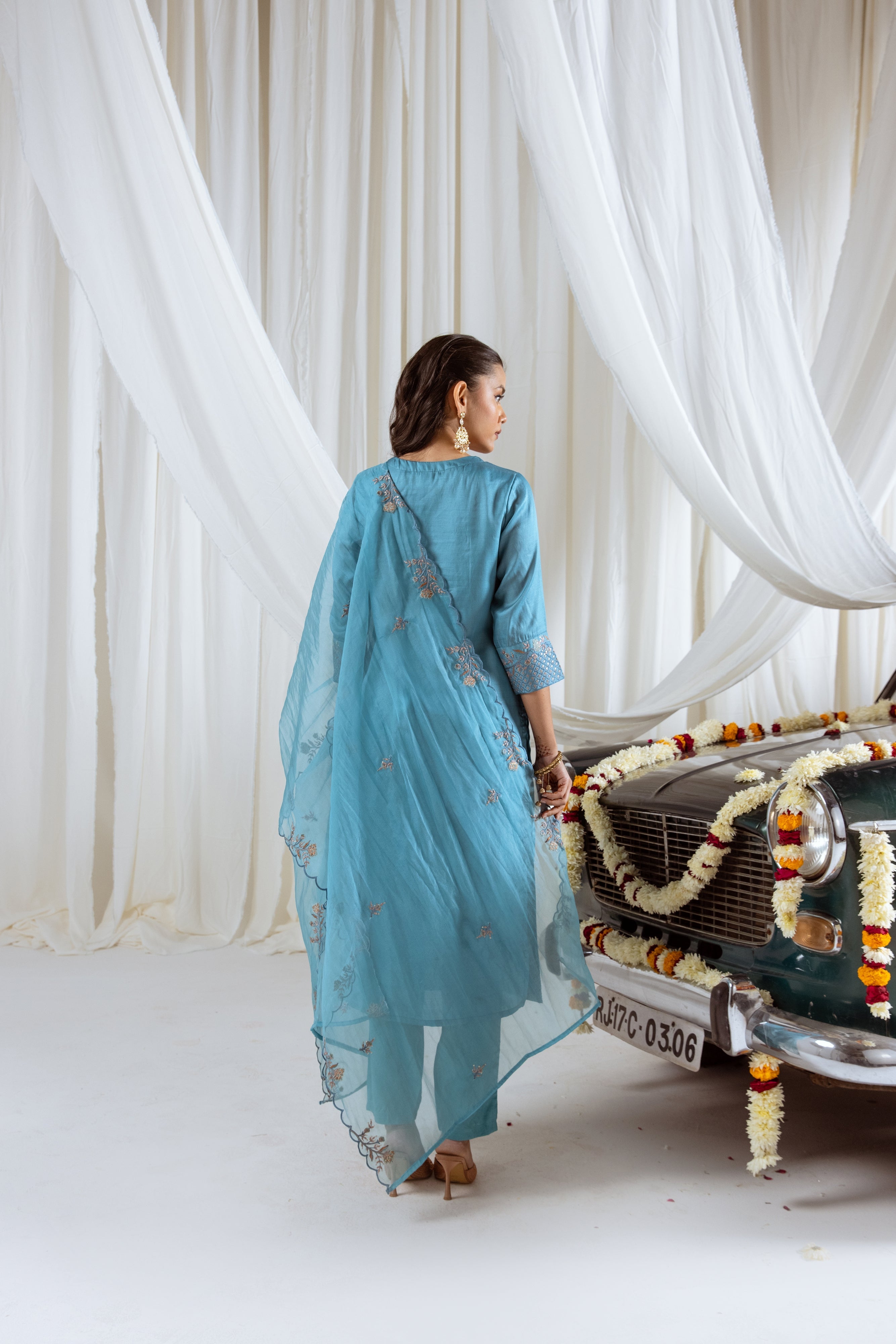 Sky Blue Muslin Silk Kurta Pant and Dupatta Set