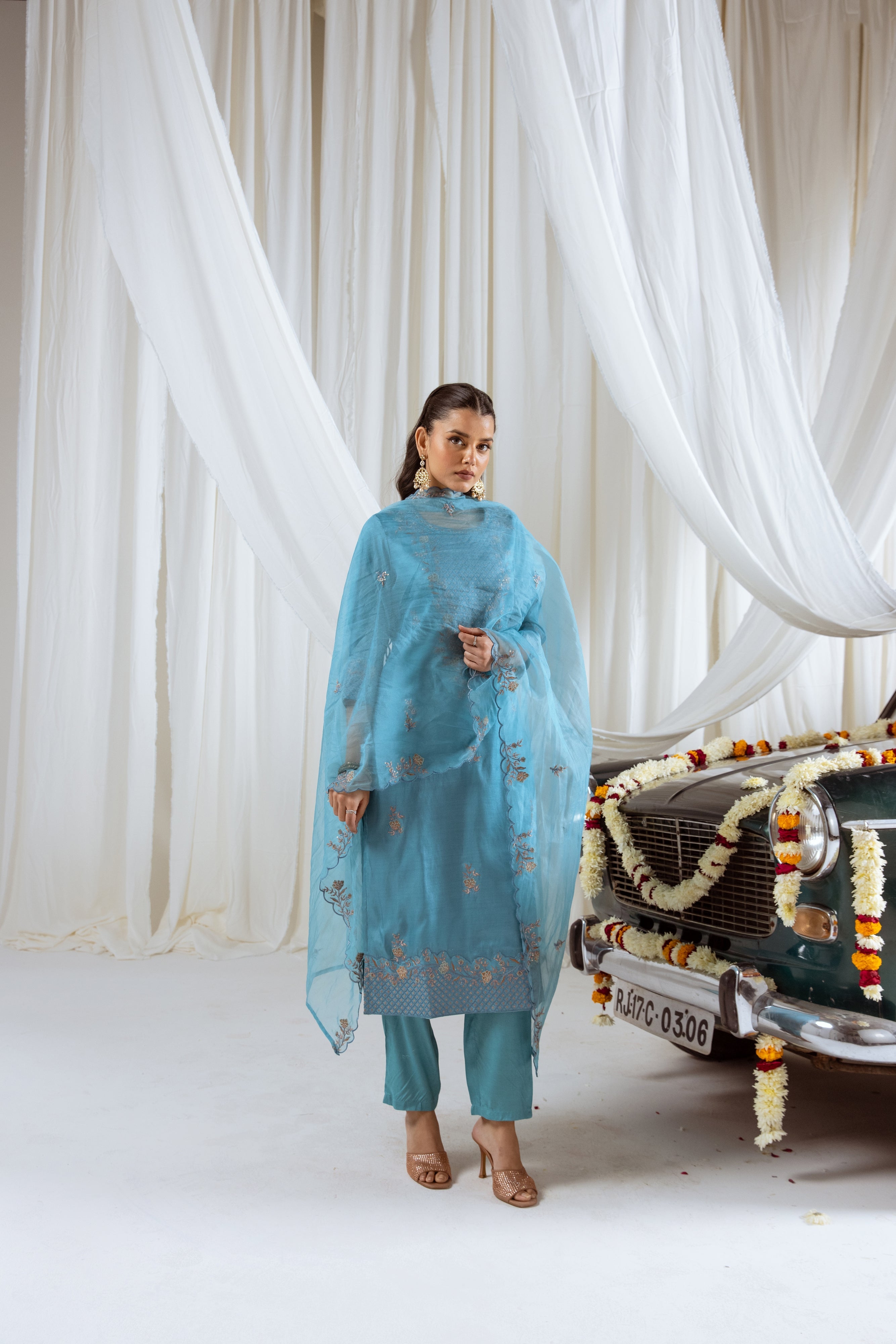 Sky Blue Muslin Silk Kurta Pant and Dupatta Set