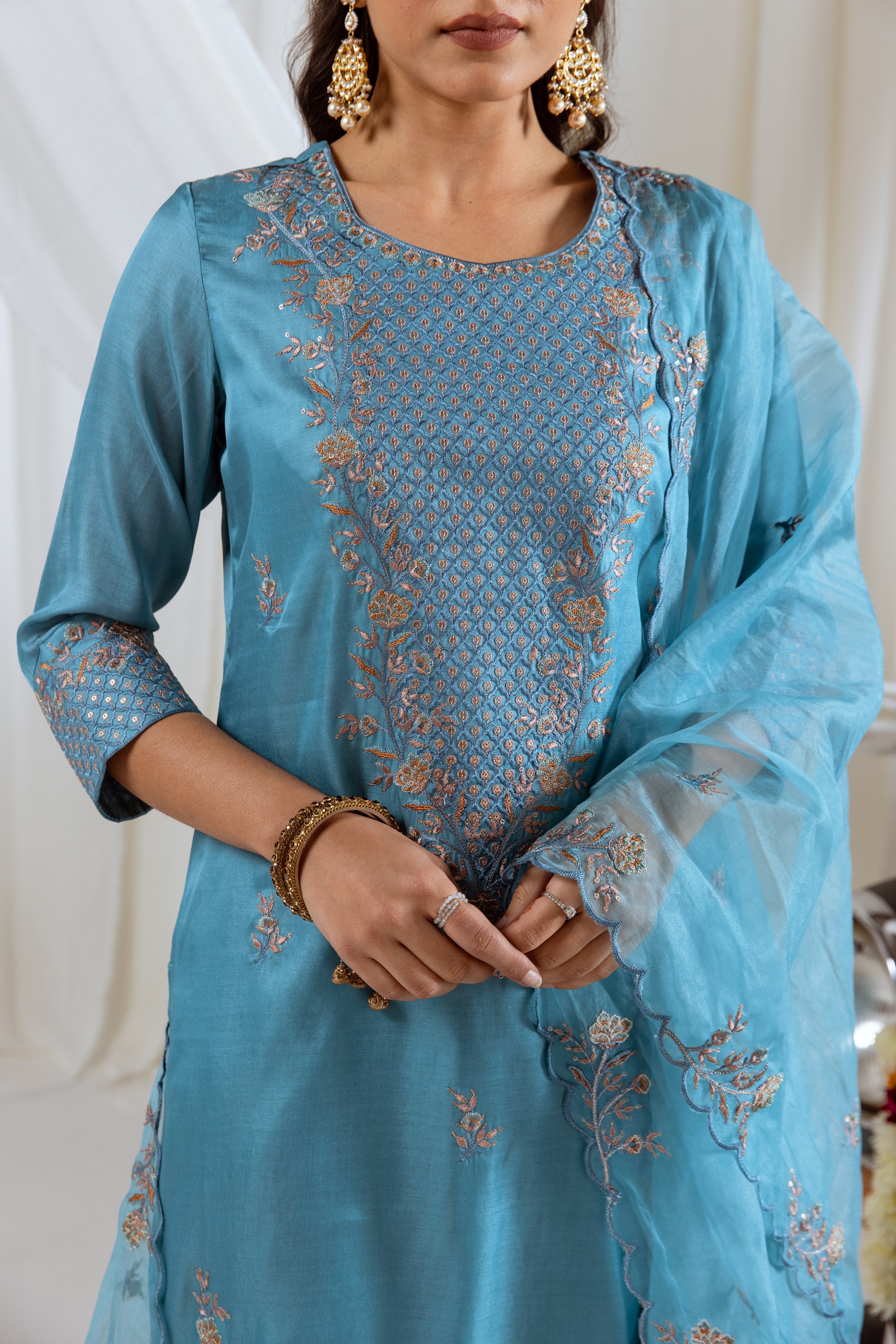 Sky Blue Muslin Silk Kurta Pant and Dupatta Set