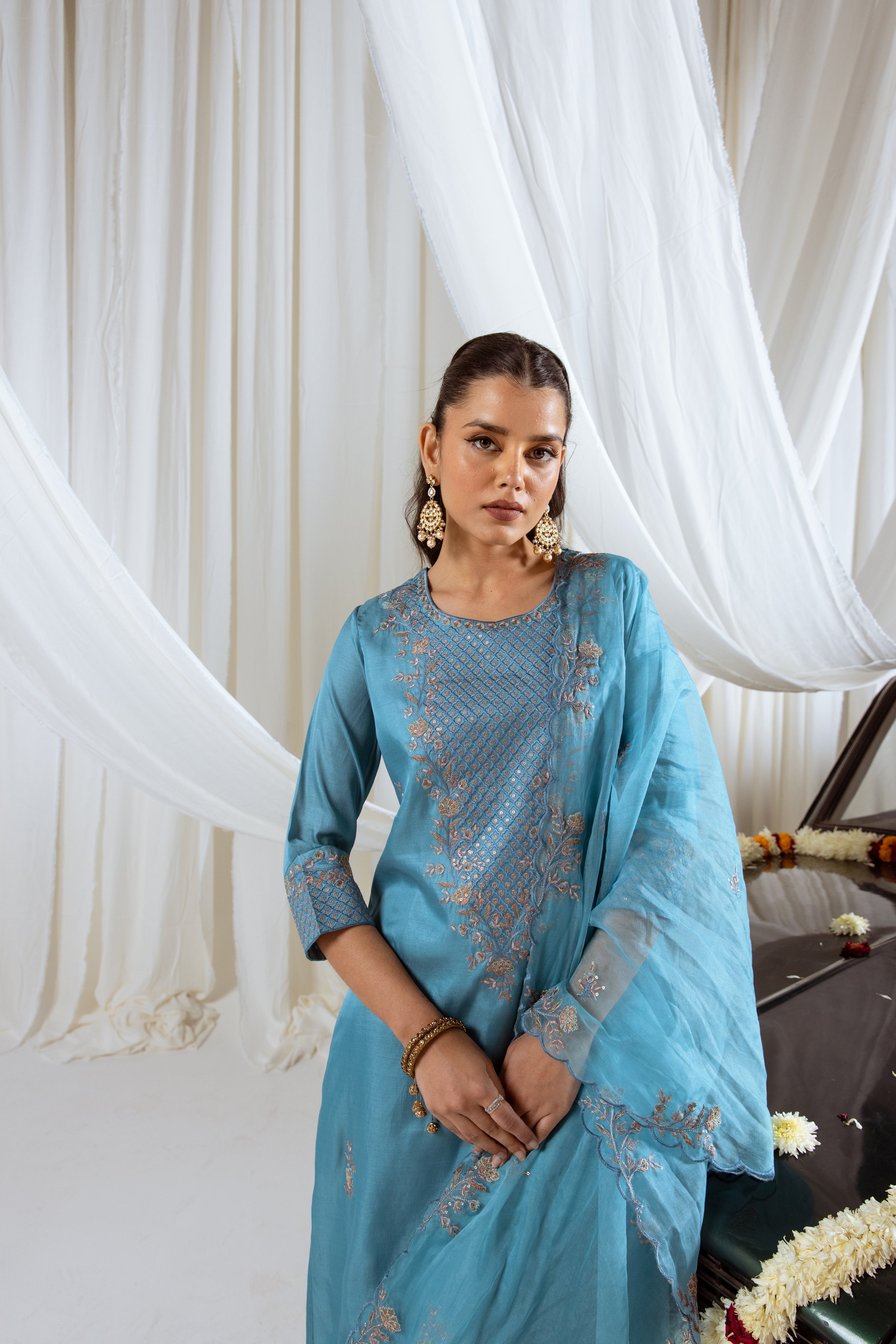 Sky Blue Muslin Silk Kurta Pant and Dupatta Set