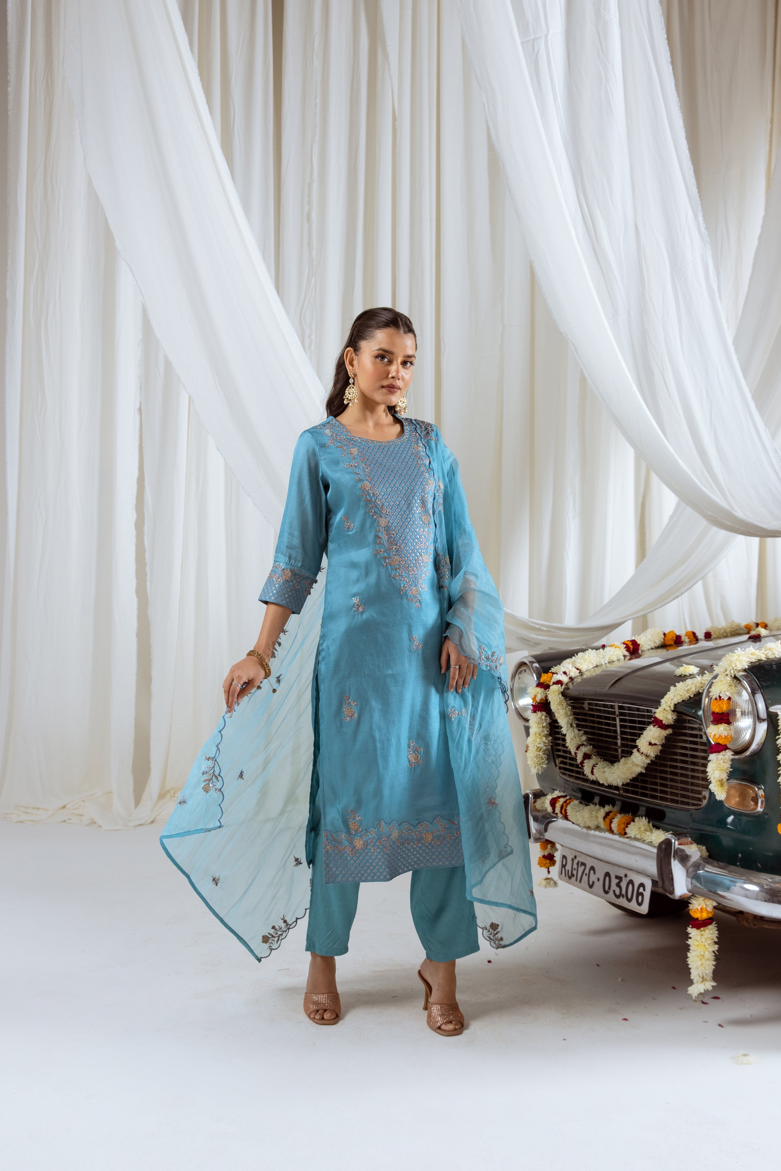 Sky Blue Muslin Silk Kurta Pant and Dupatta Set