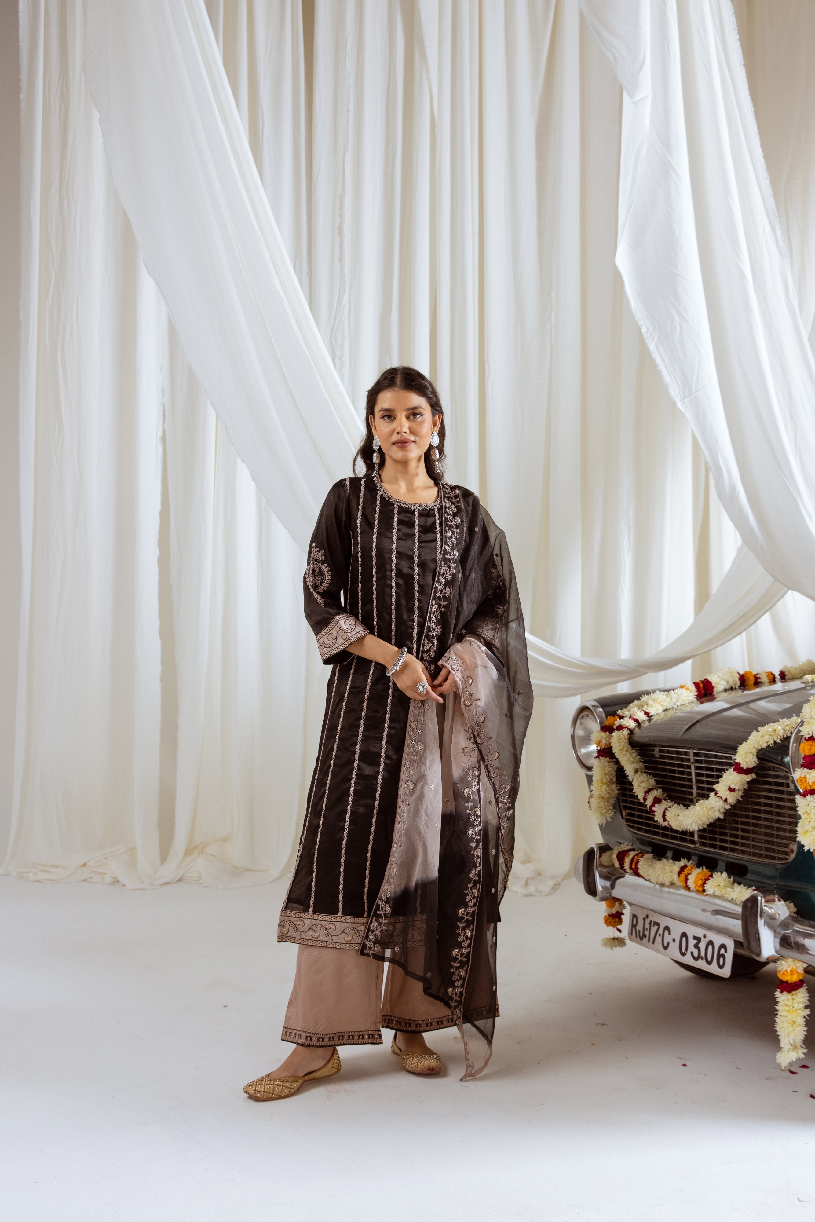 Black Muslin Silk Kurta Palazzo and Dupatta Set