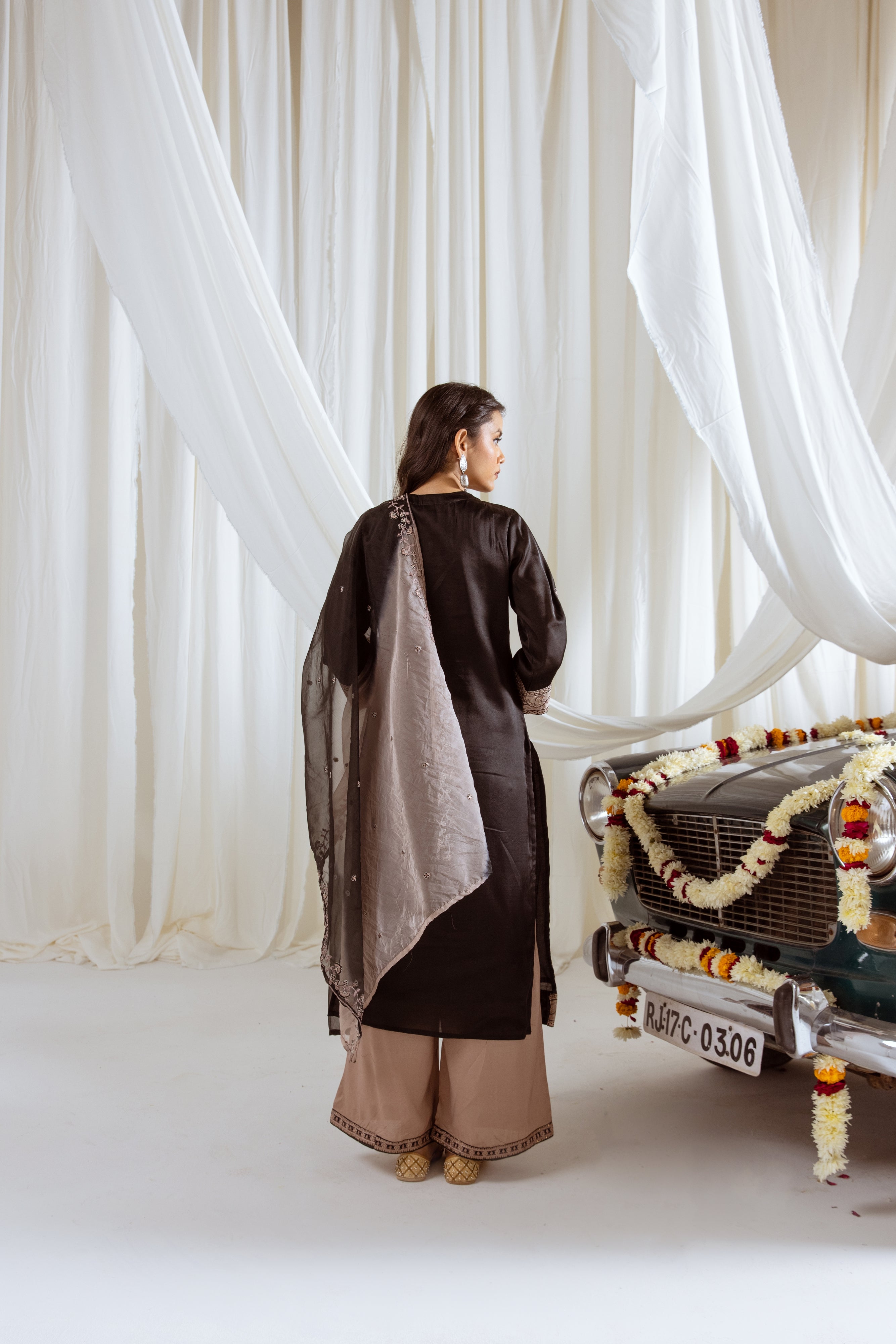 Black Muslin Silk Kurta Palazzo and Dupatta Set