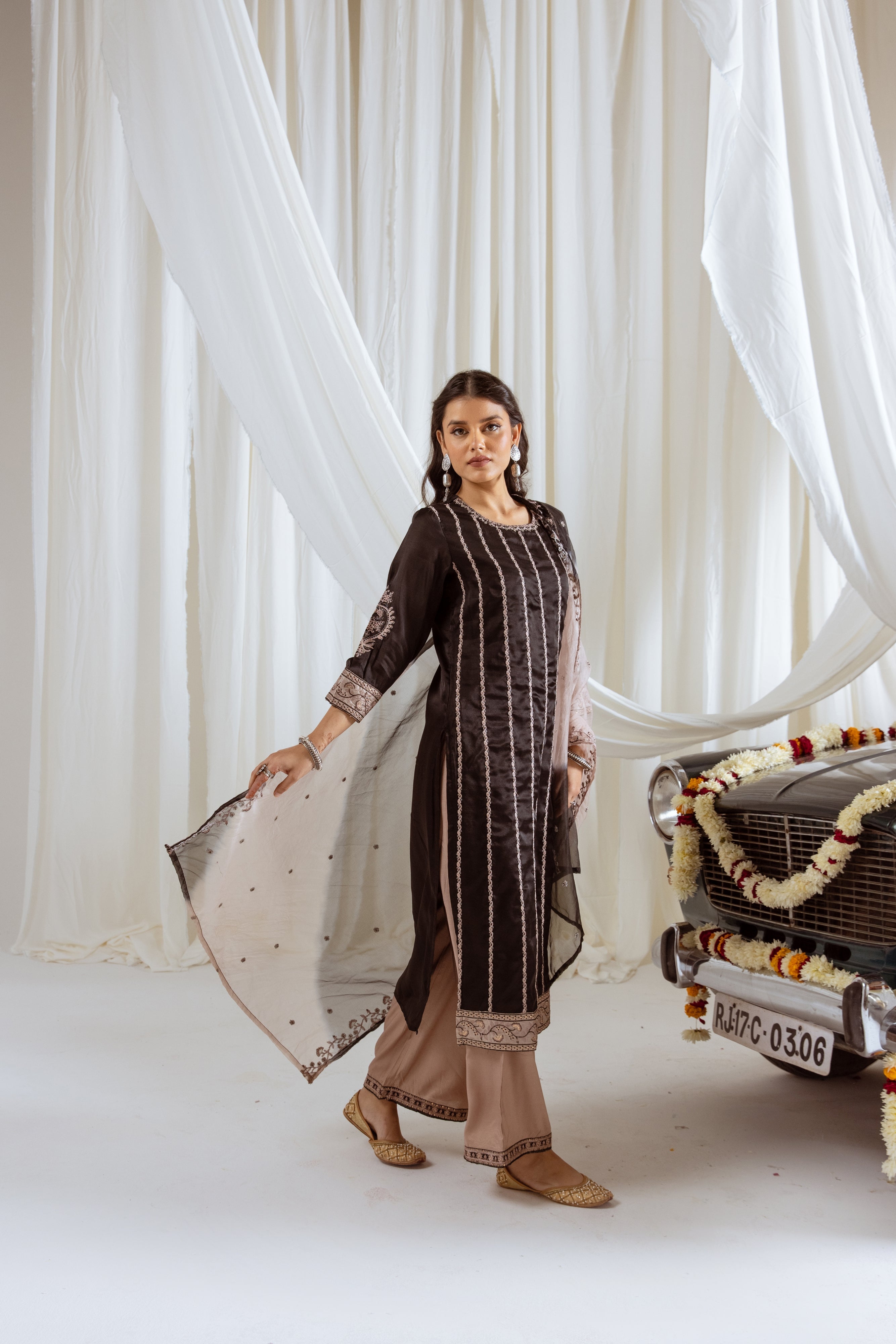 Black Muslin Silk Kurta Palazzo and Dupatta Set