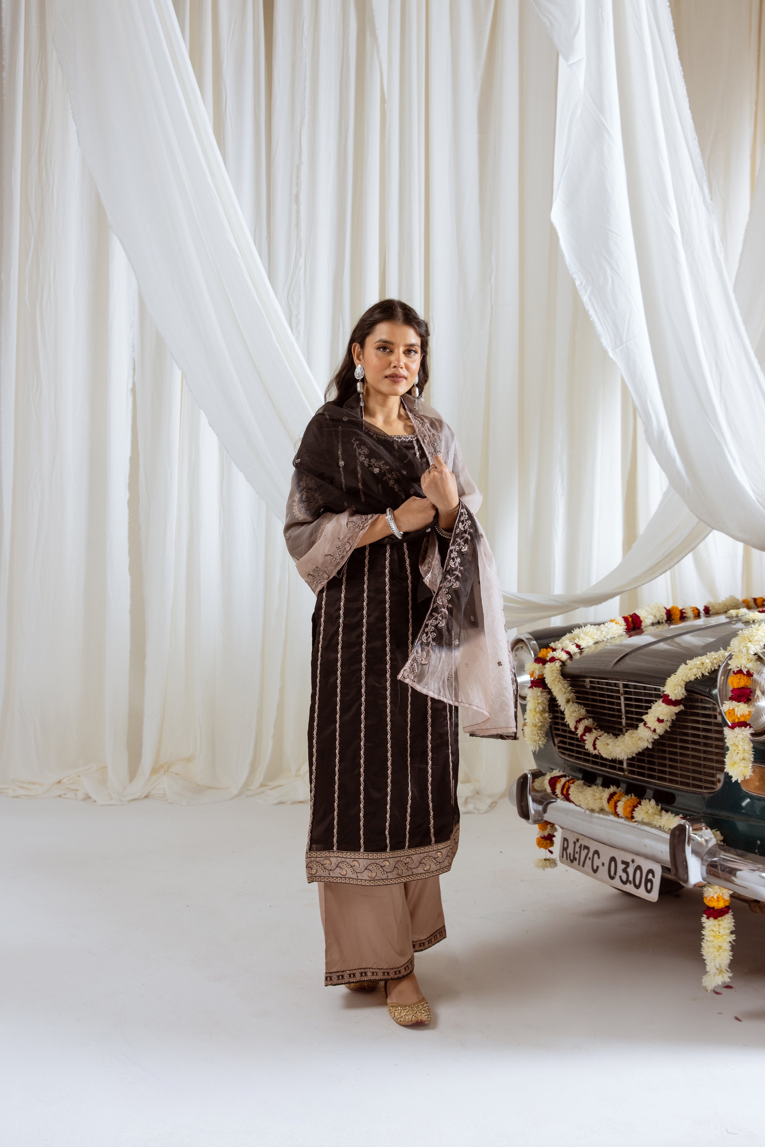 Black Muslin Silk Kurta Palazzo and Dupatta Set