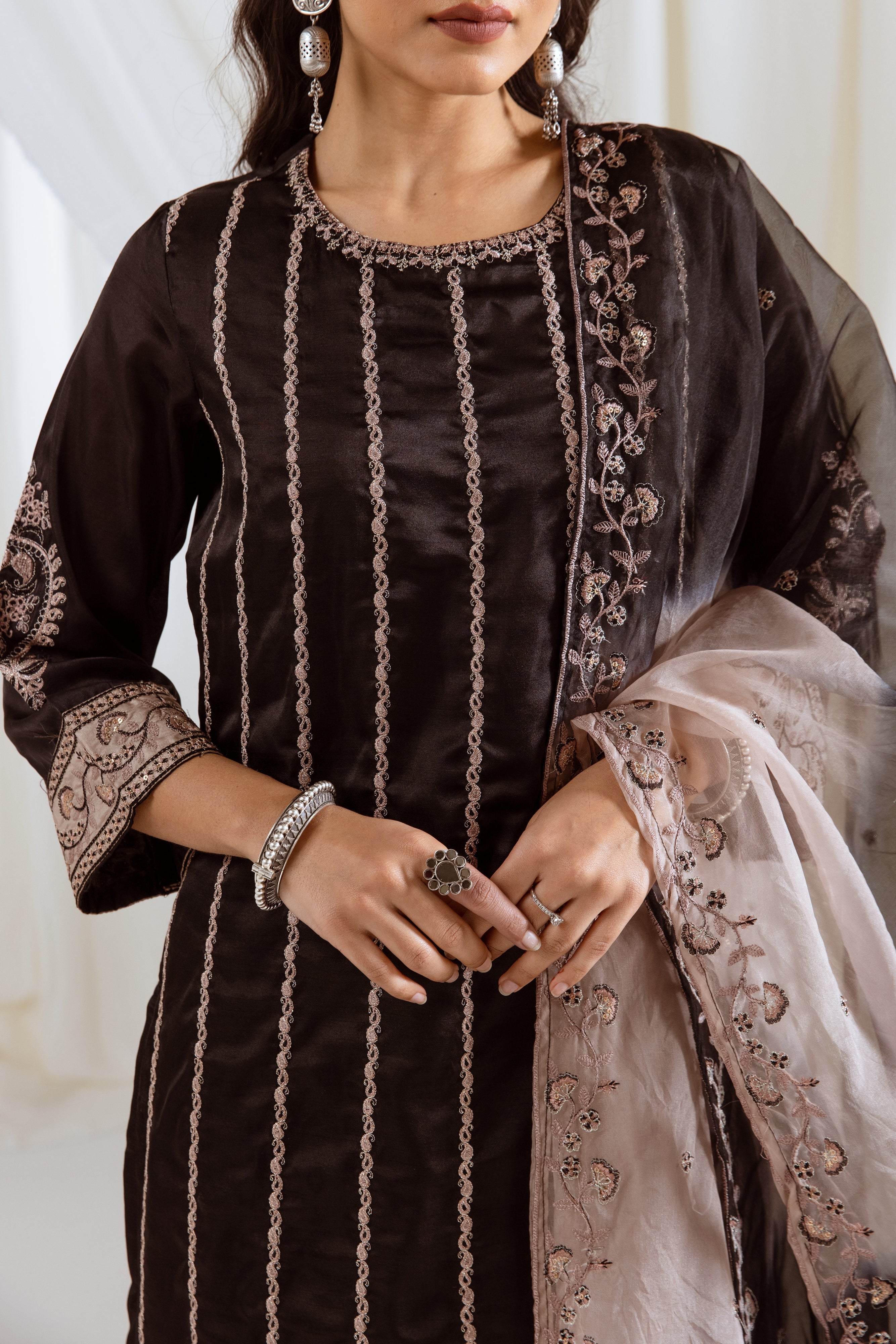 Black Muslin Silk Kurta Palazzo and Dupatta Set