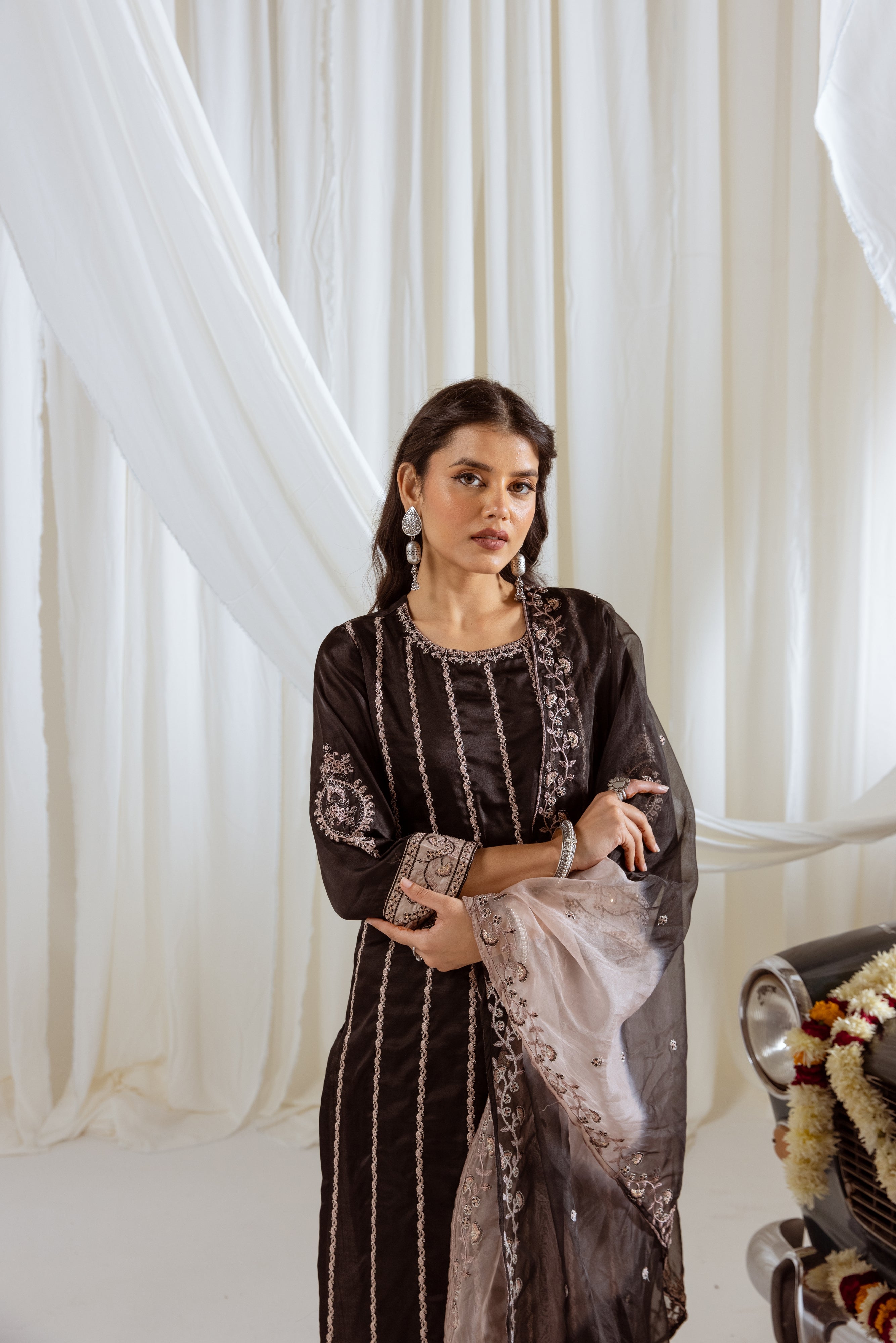 Black Muslin Silk Kurta Palazzo and Dupatta Set