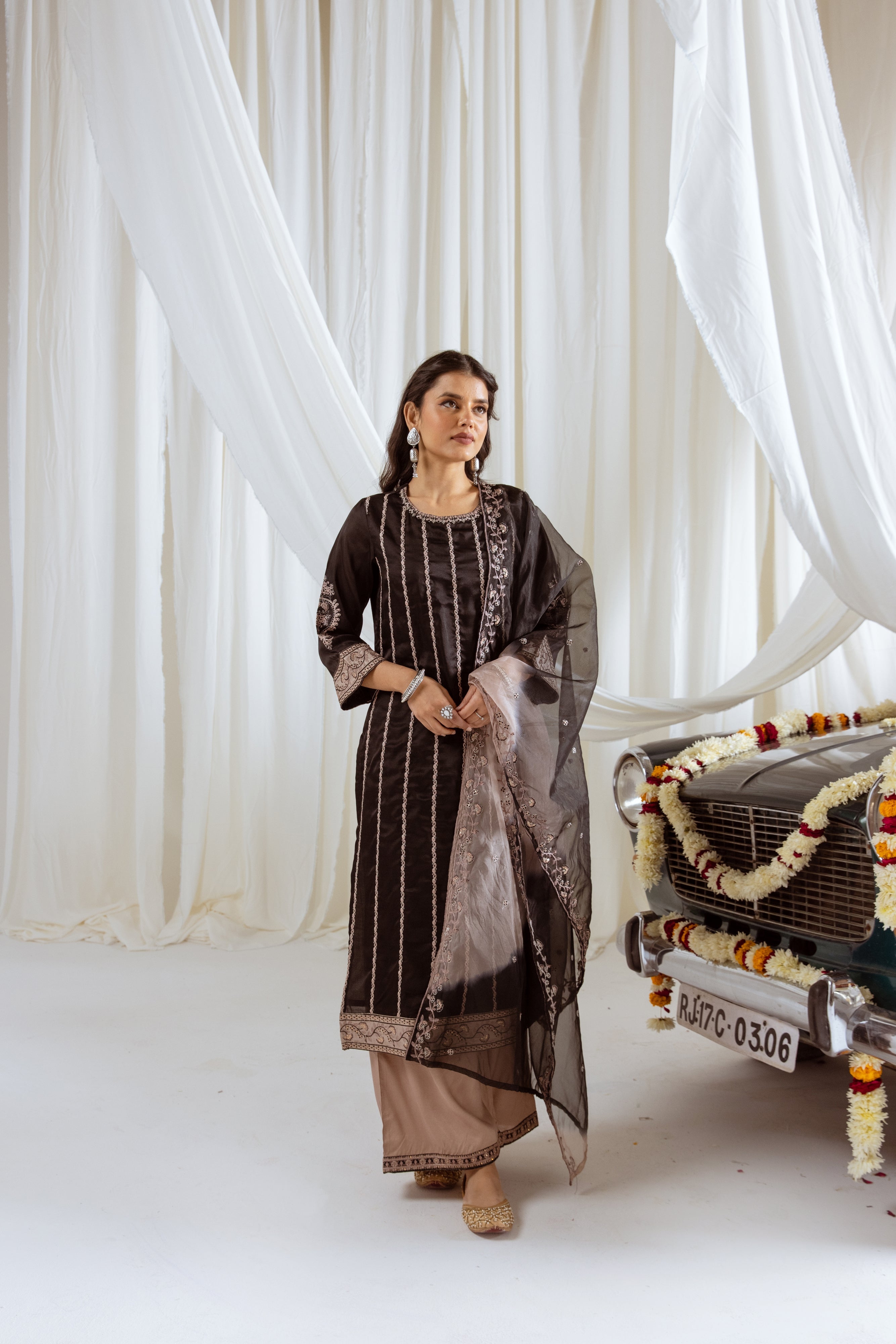 Black Muslin Silk Kurta Palazzo and Dupatta Set