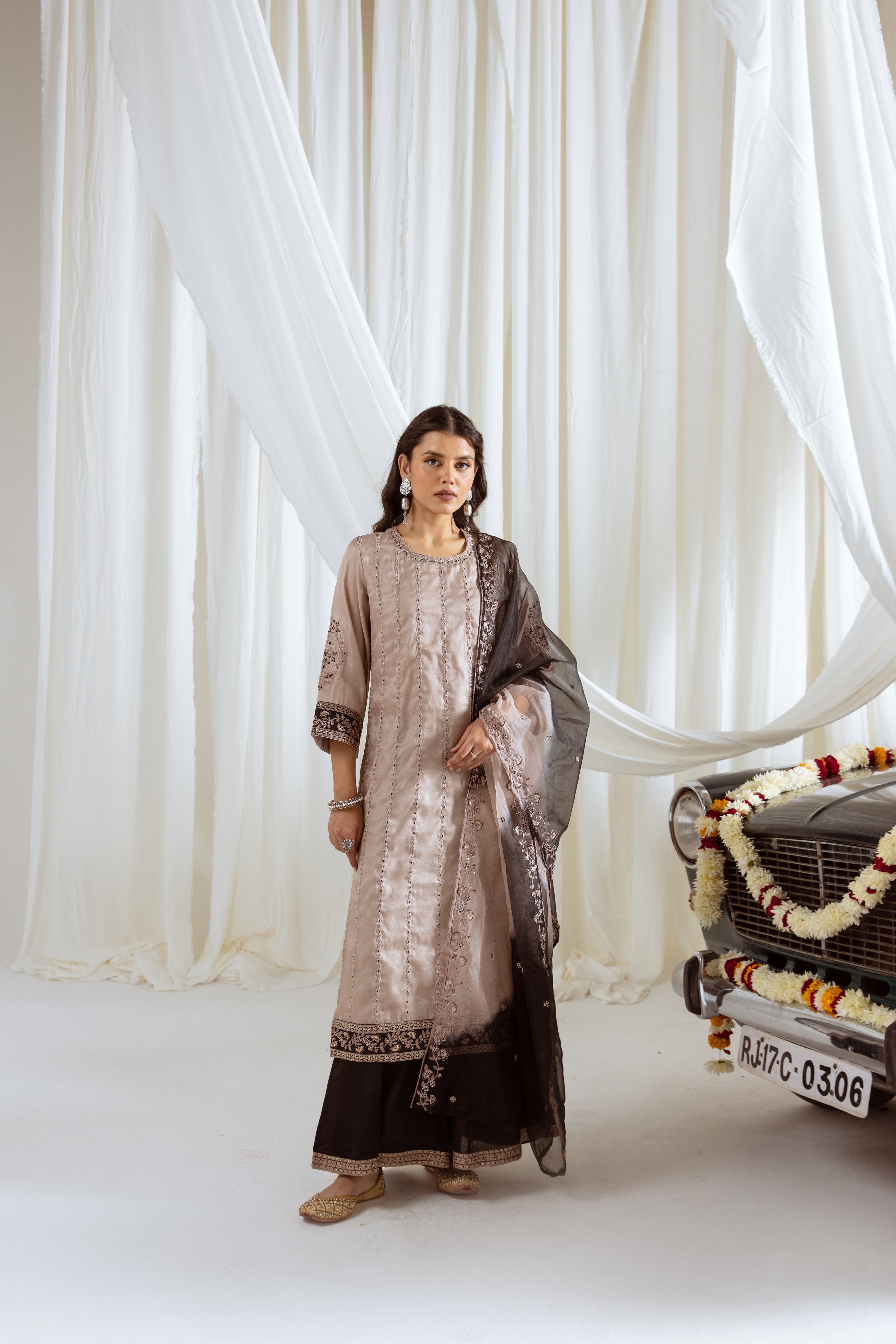Beige Muslin Silk Kurta Palazzo and Dupatta Set