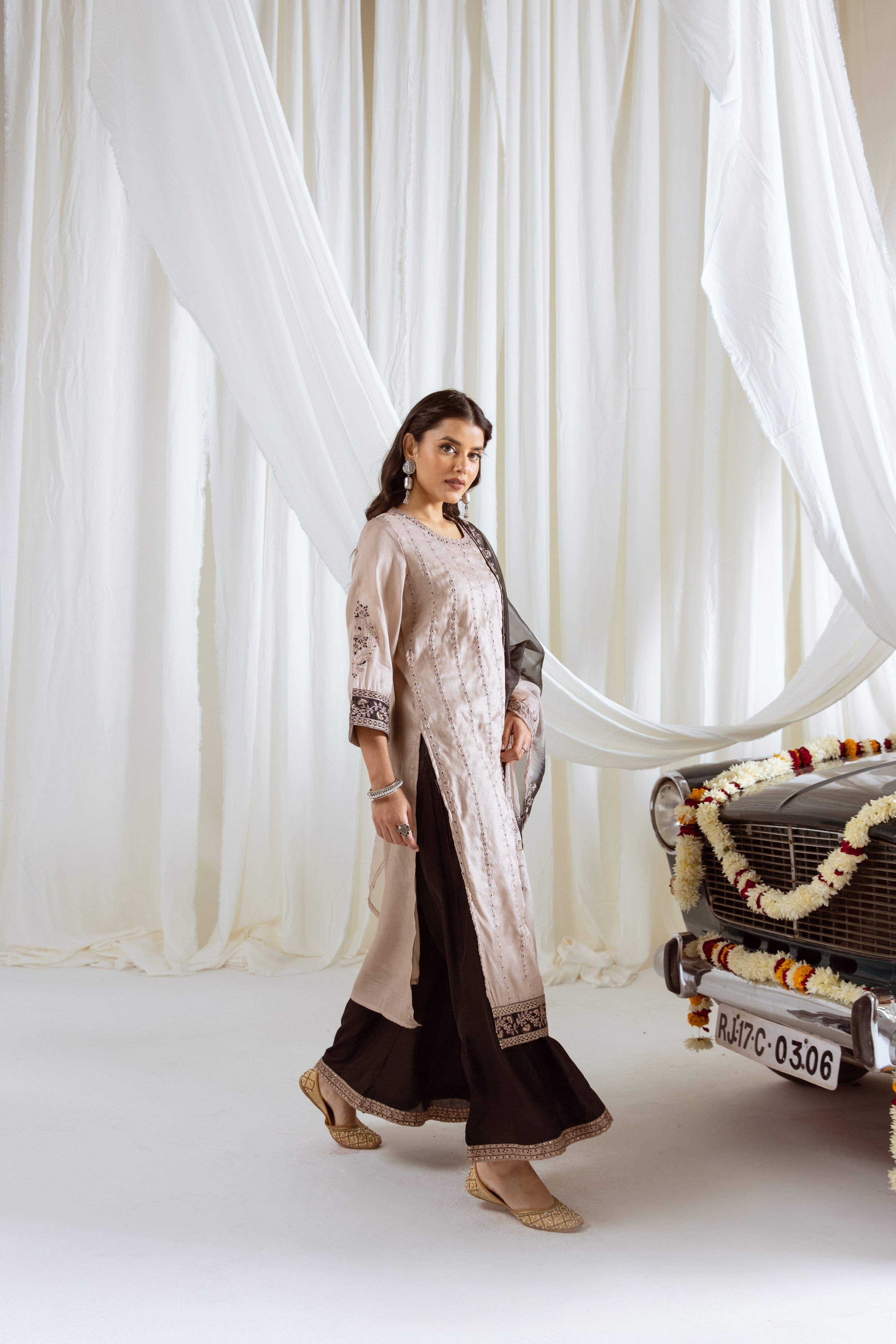 Beige Muslin Silk Kurta Palazzo and Dupatta Set