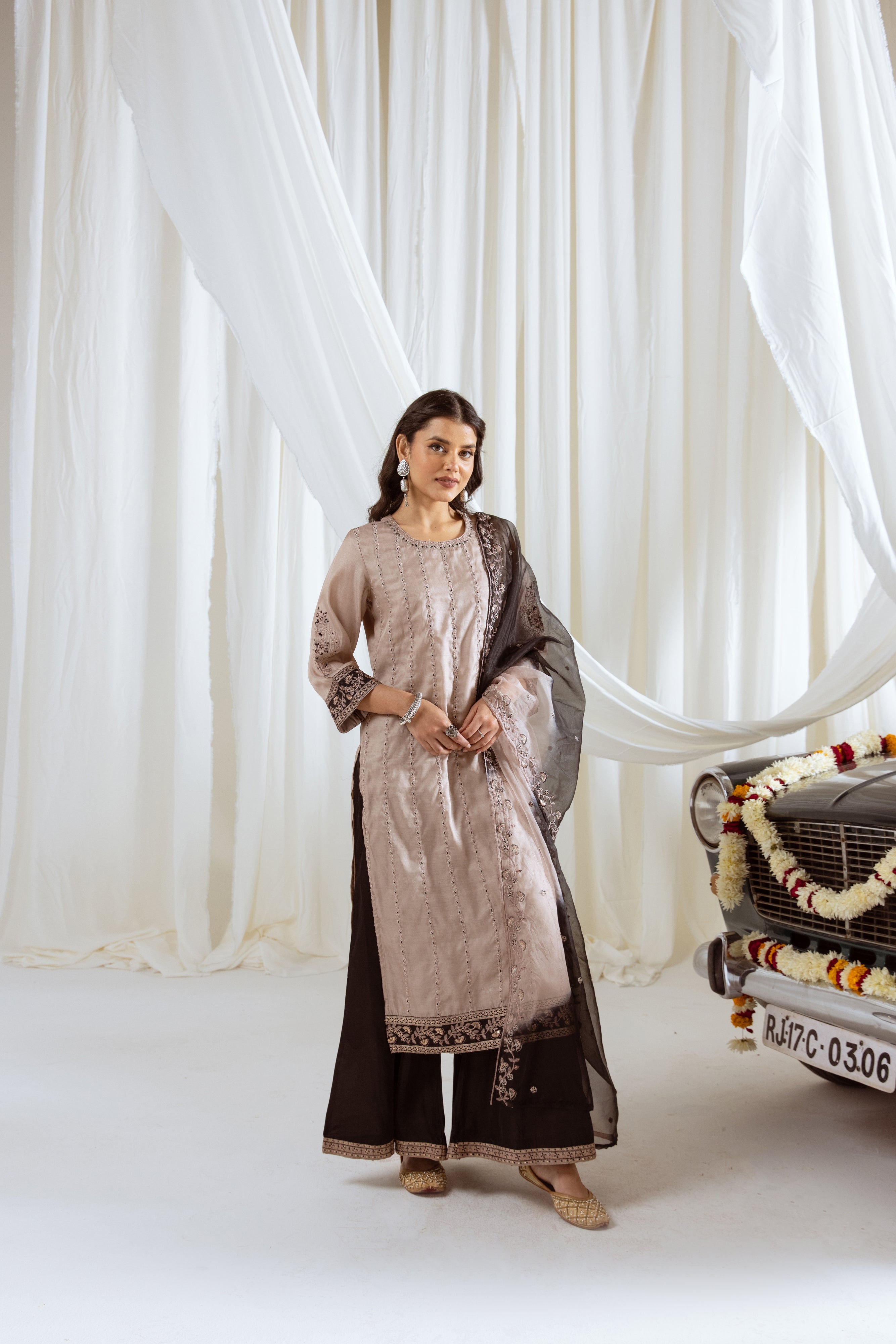 Beige Muslin Silk Kurta Palazzo and Dupatta Set